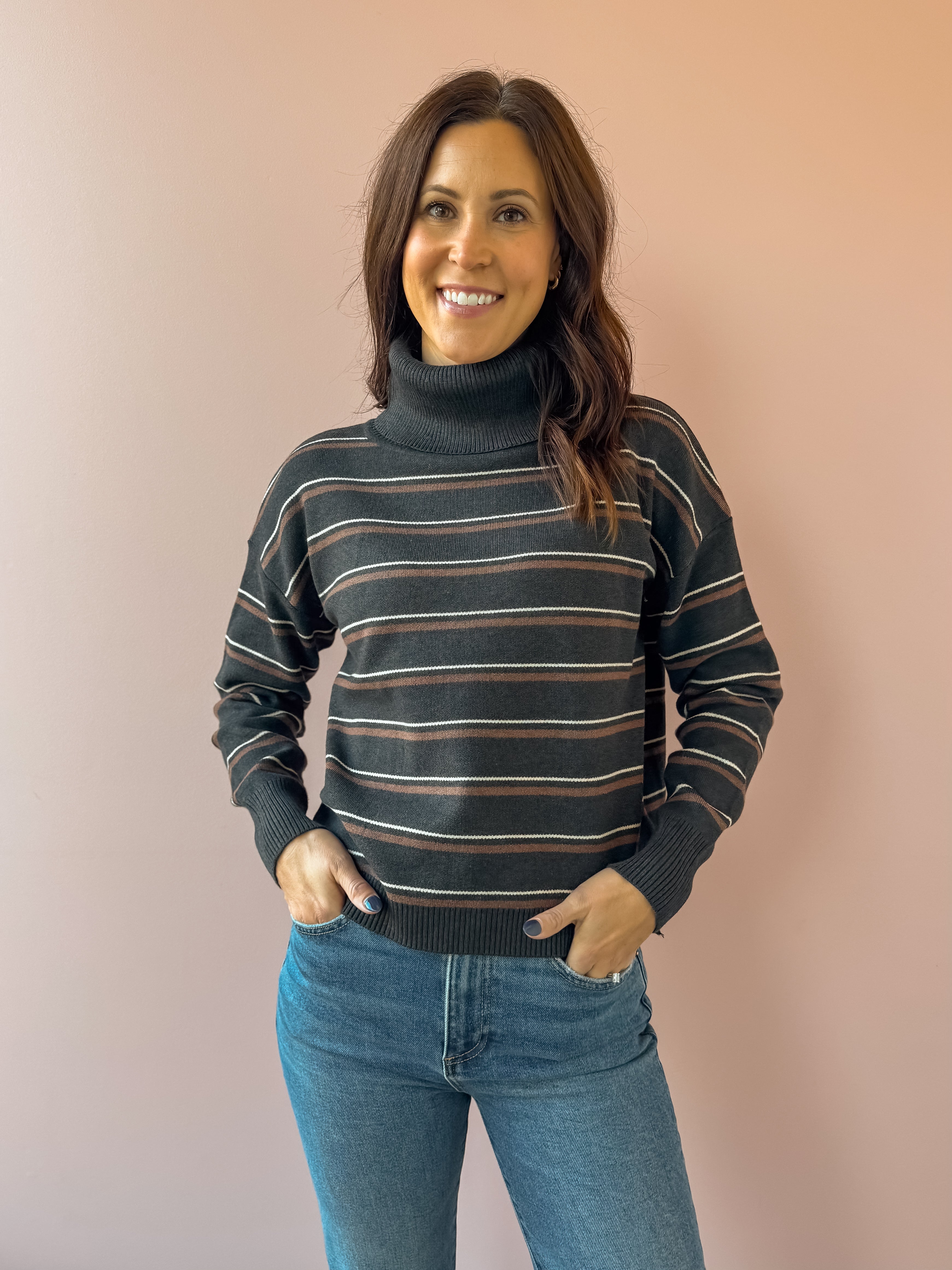 Be Cool Shelly Mockneck Sweater in black stripe, front close-up.