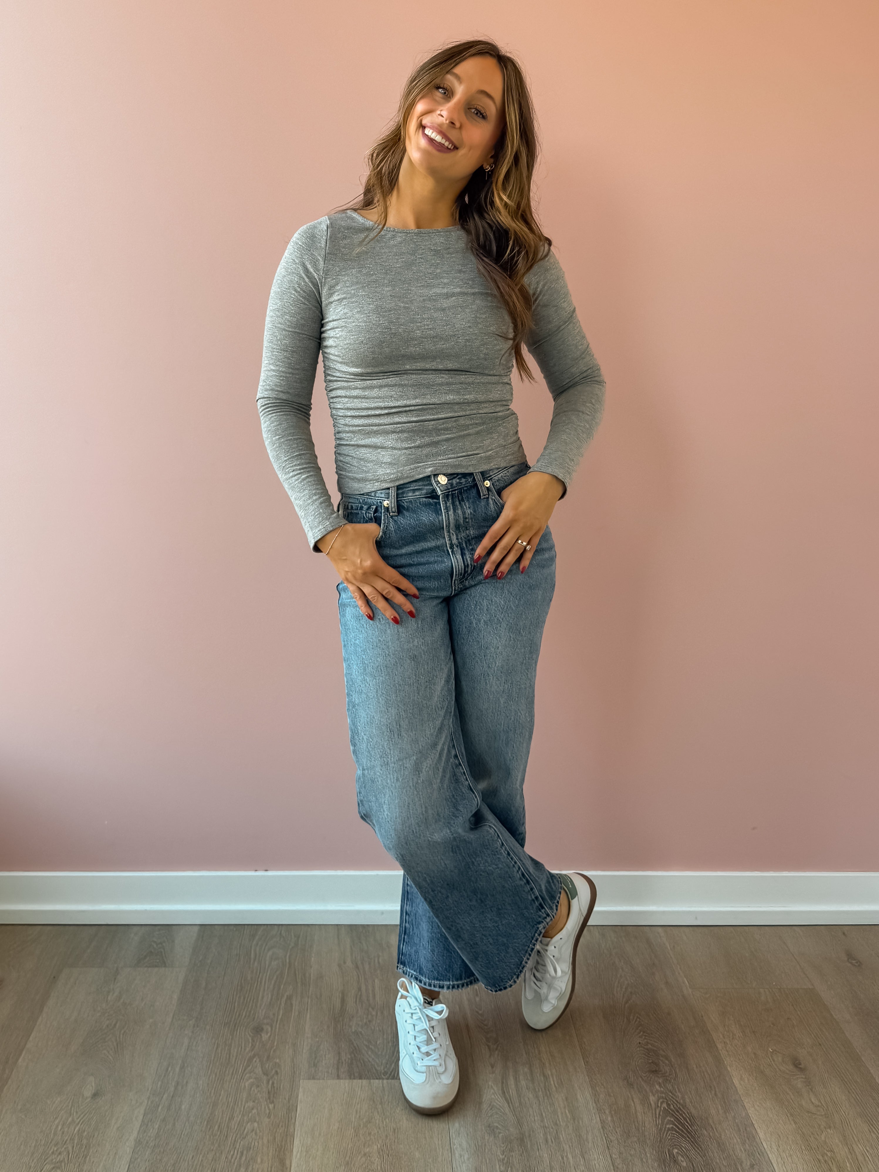 Sadie & Sage Page Turner Ruched Top in grey, front view.