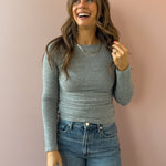 Sadie & Sage Page Turner Ruched Top in grey, front close-up.