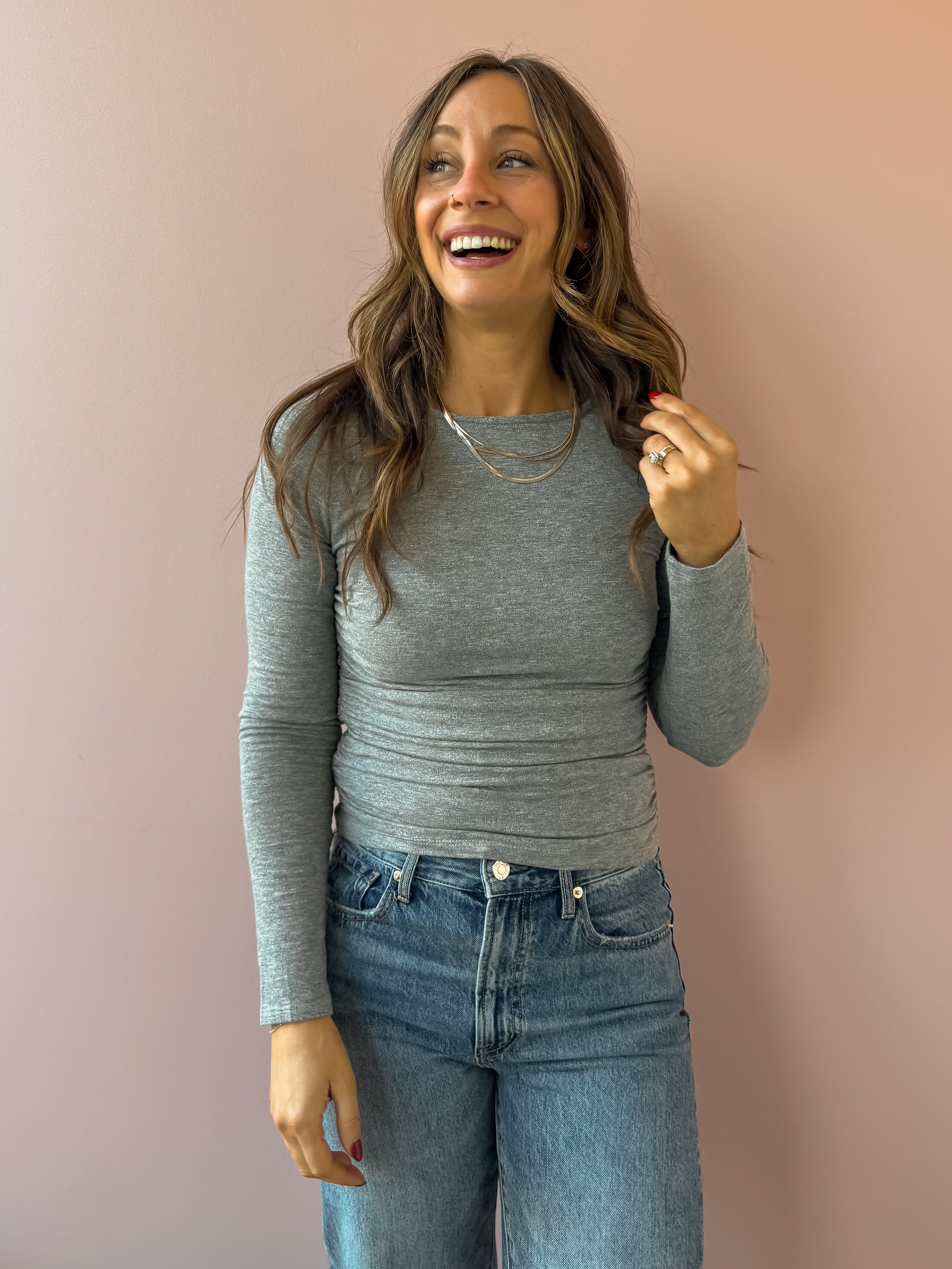 Sadie & Sage Page Turner Ruched Top in grey, front close-up.