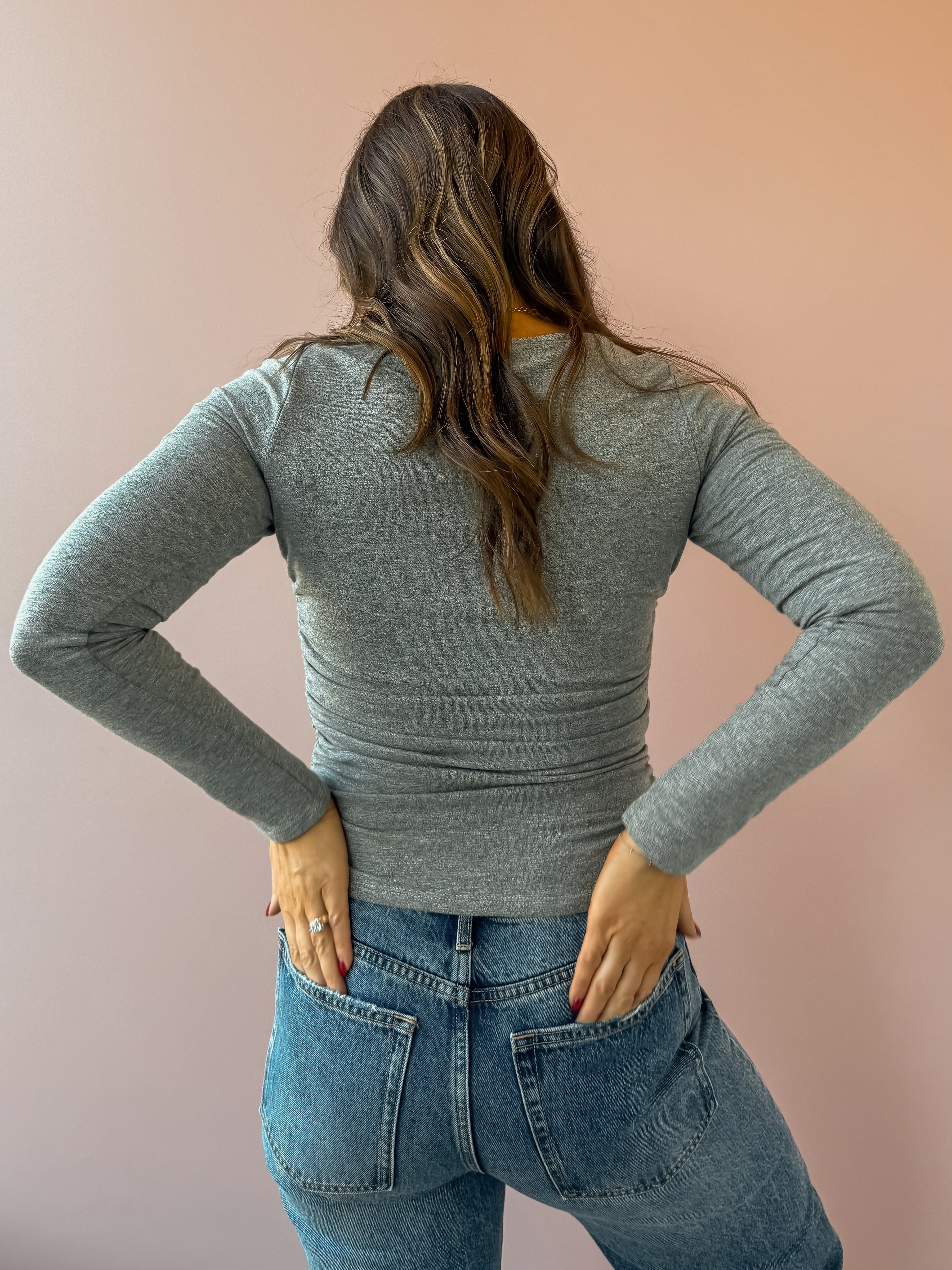 Sadie & Sage Page Turner Ruched Top in grey, back close-up.