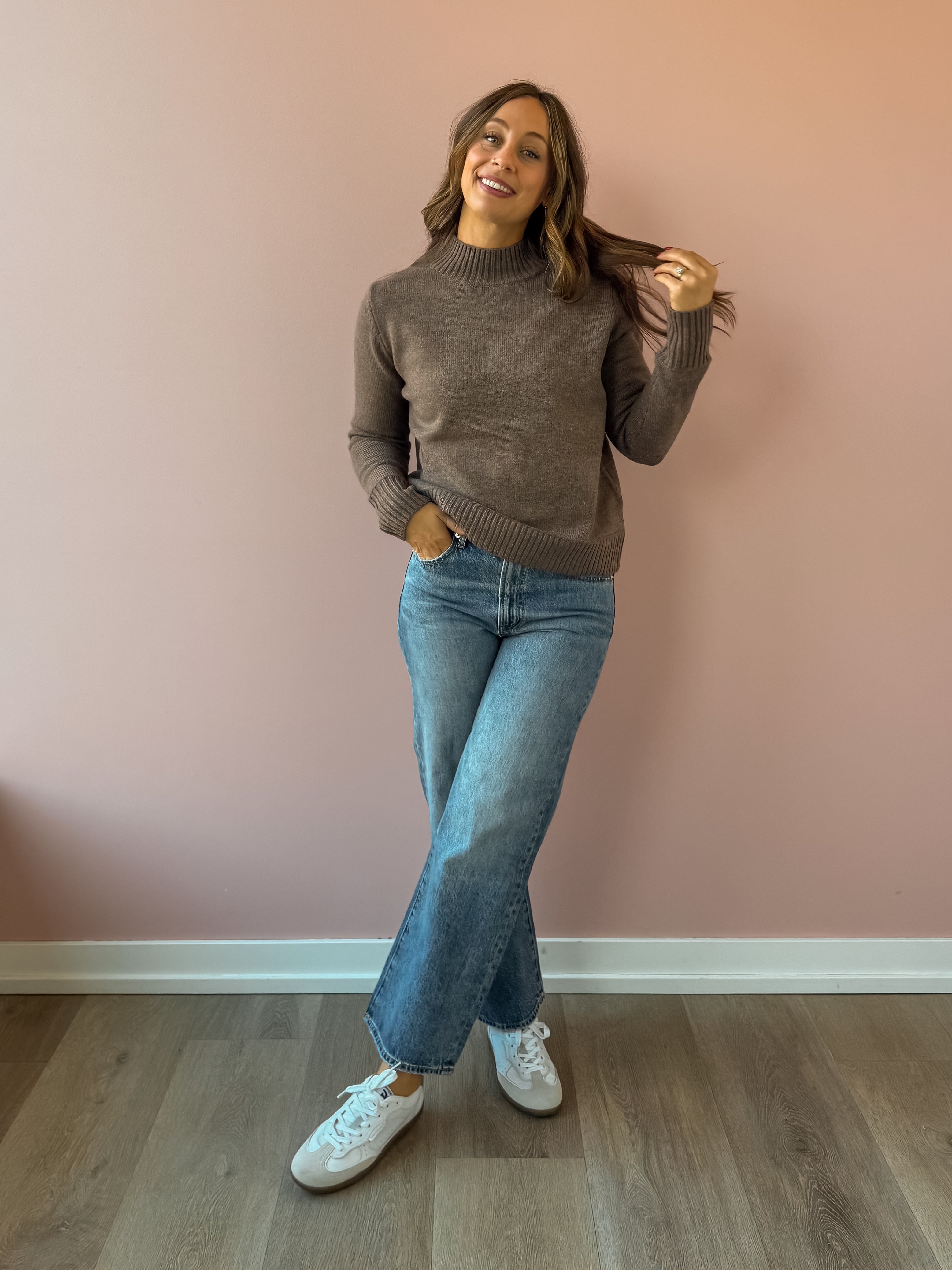 Be Cool Jill Mock Neck Sweater in brown, front view.