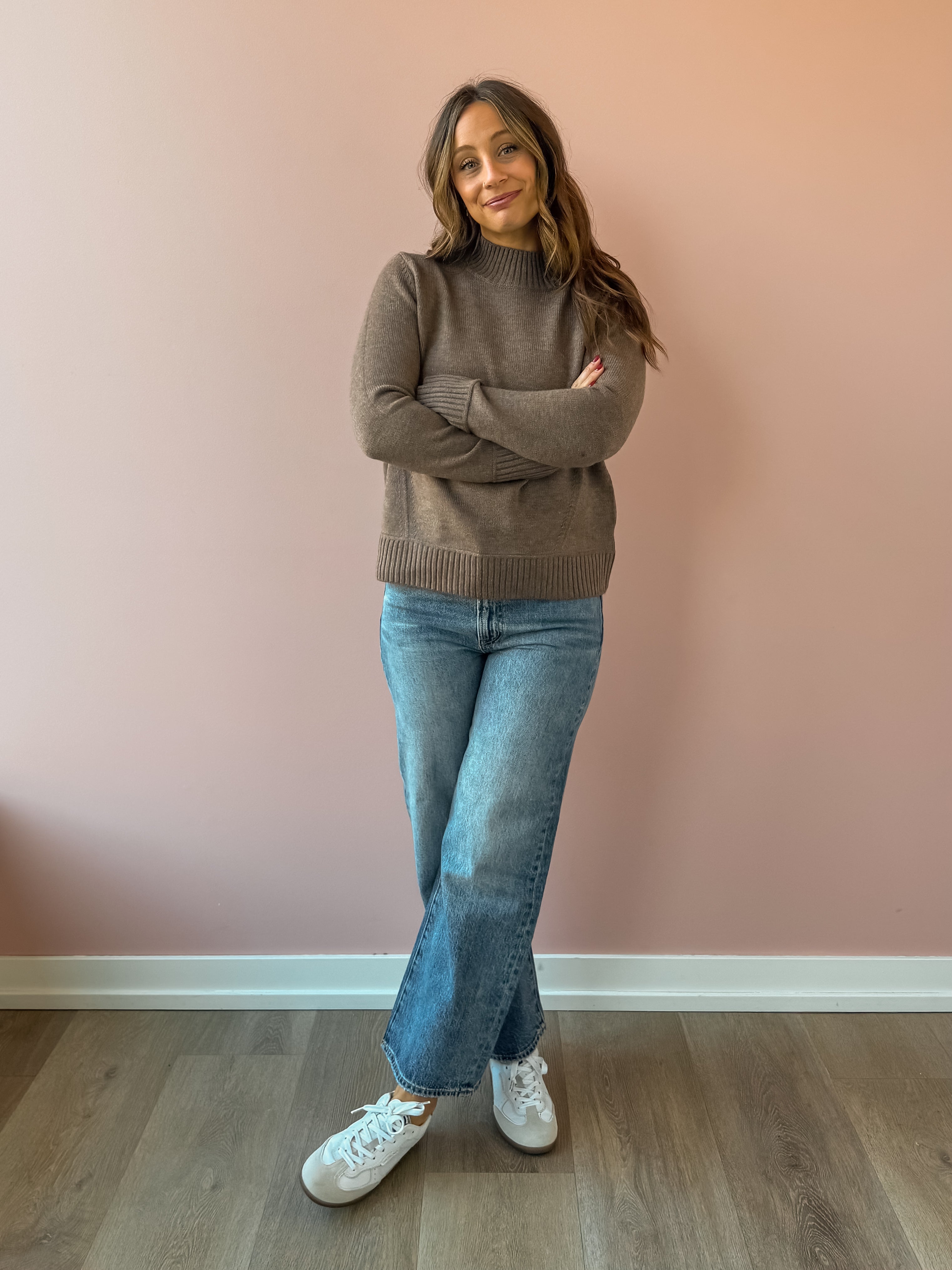 Be Cool Jill Mock Neck Sweater in brown, front view.