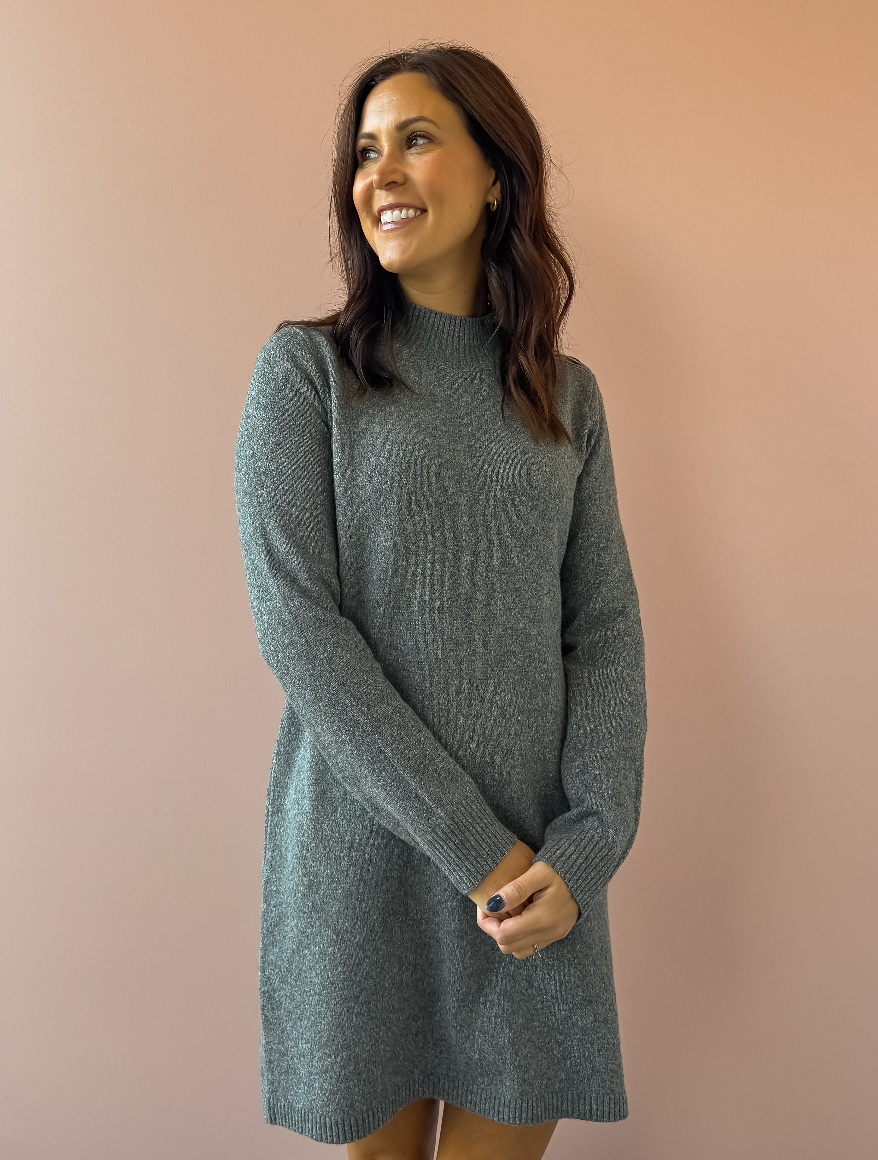 Be Cool Falon Sweater Mini Dress in grey, front close-up.