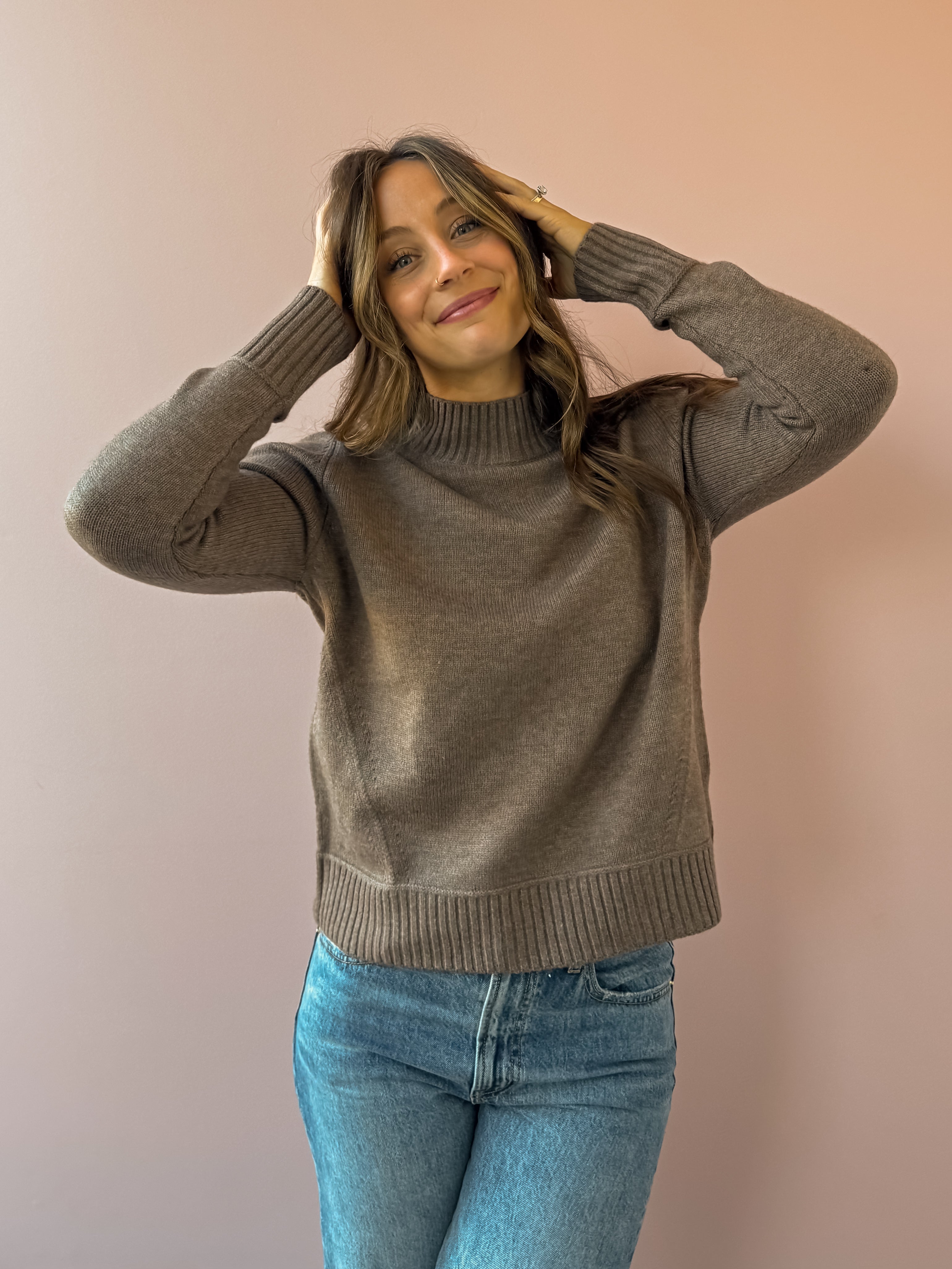Be Cool Jill Mock Neck Sweater in brown, front close-up.