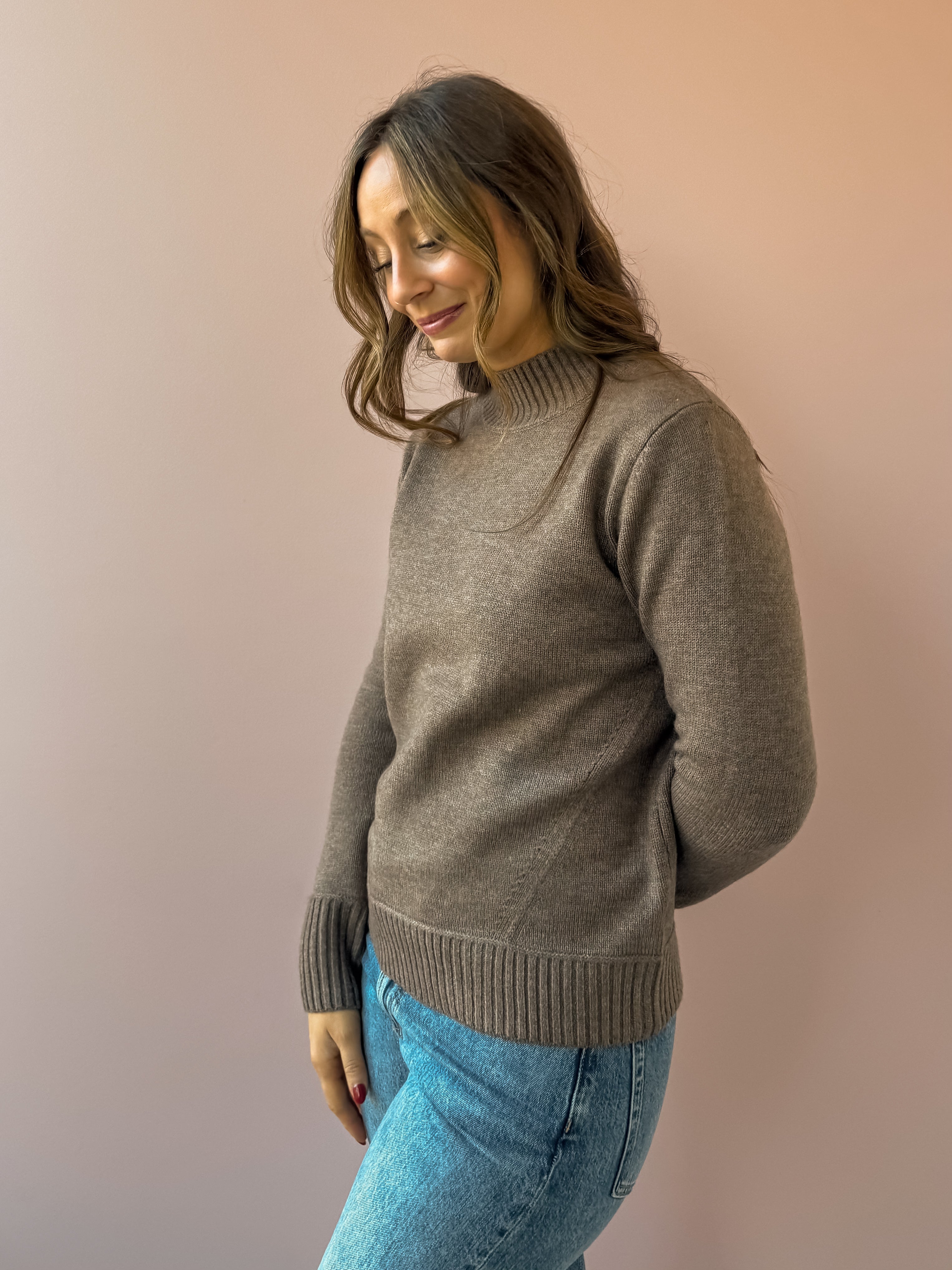 Be Cool Jill Mock Neck Sweater in brown, side close-up.