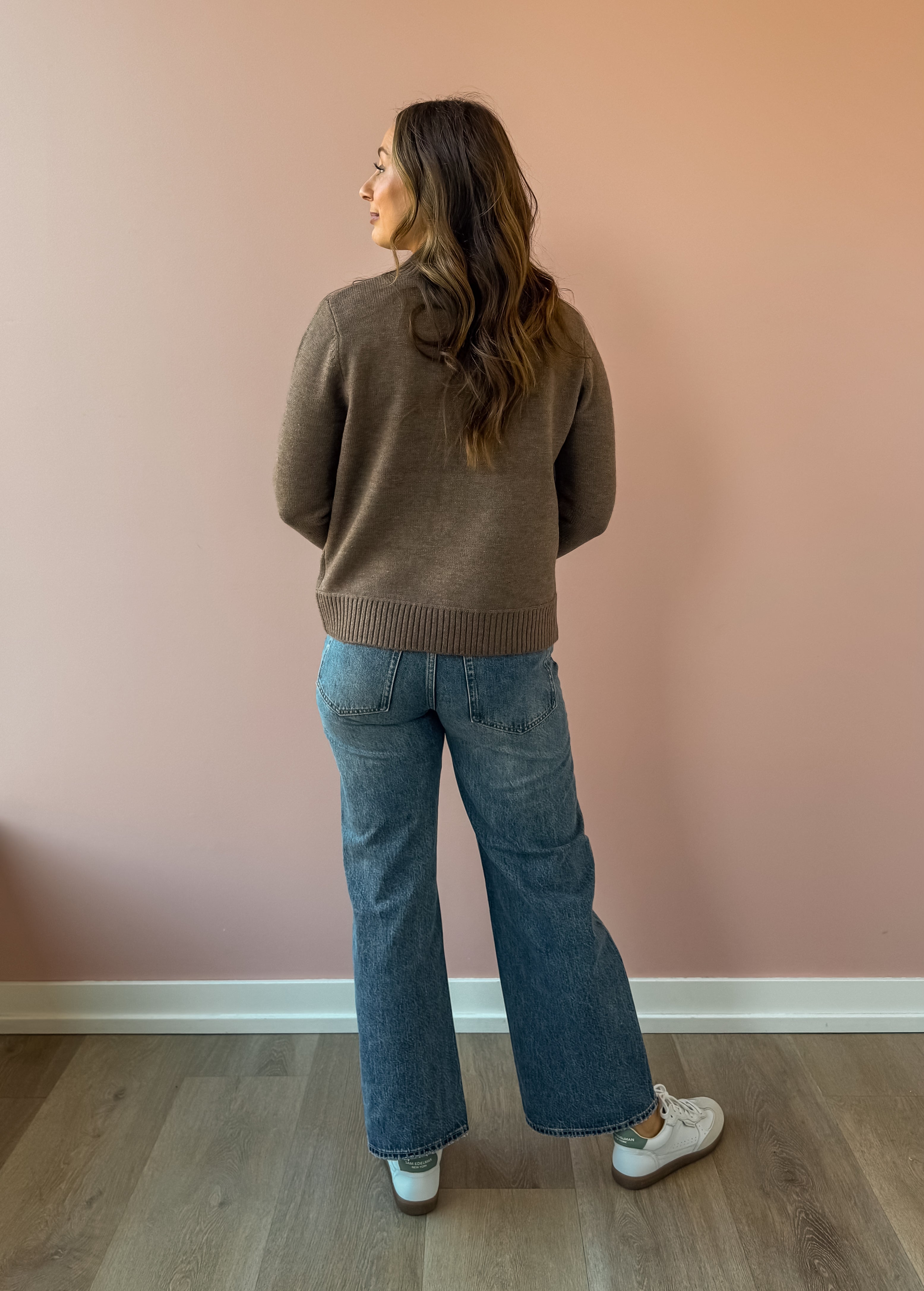 Be Cool Jill Mock Neck Sweater in brown, back view.