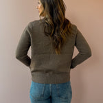 Be Cool Jill Mock Neck Sweater in brown, back close-up.