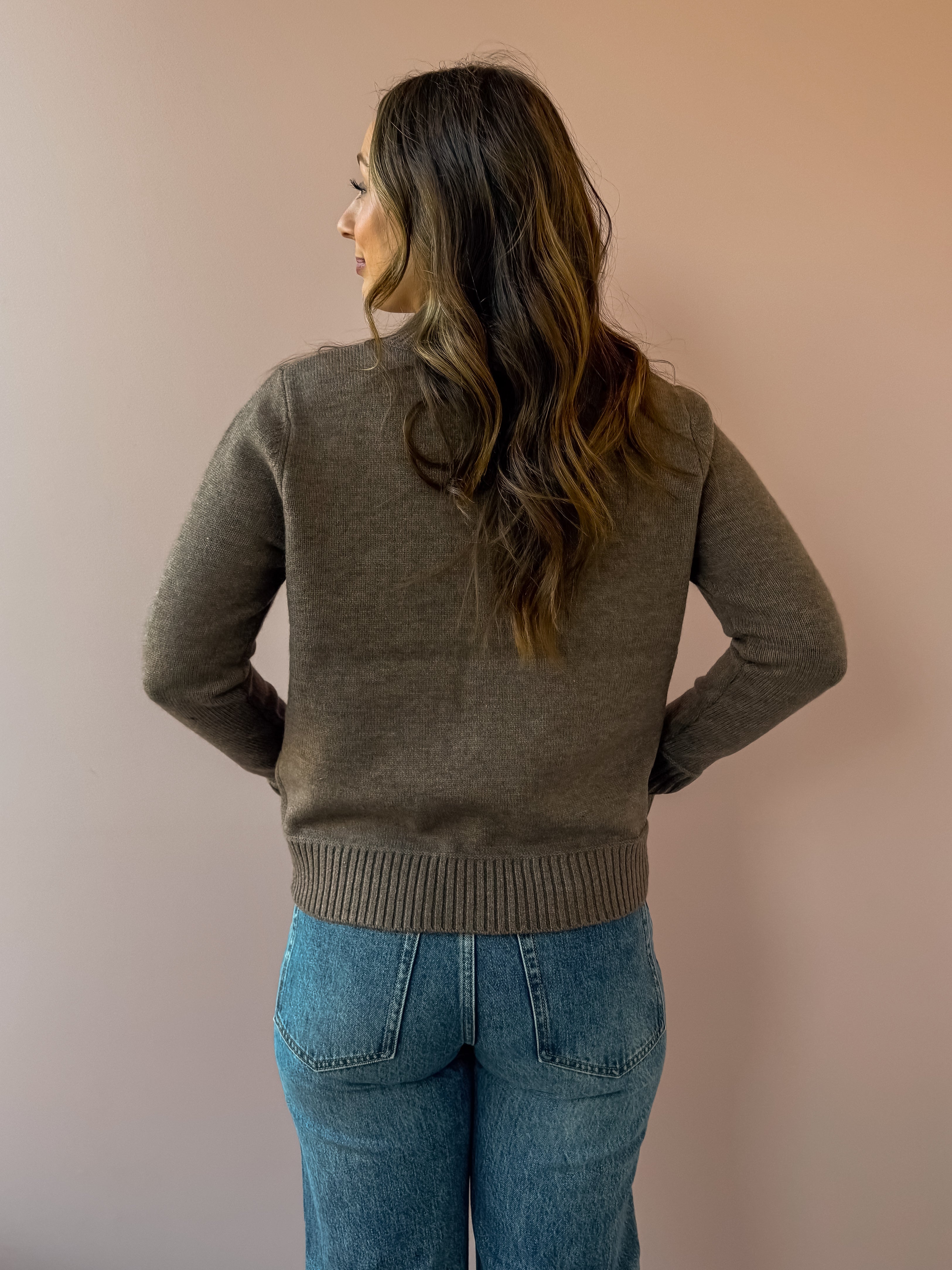 Be Cool Jill Mock Neck Sweater in brown, back close-up.