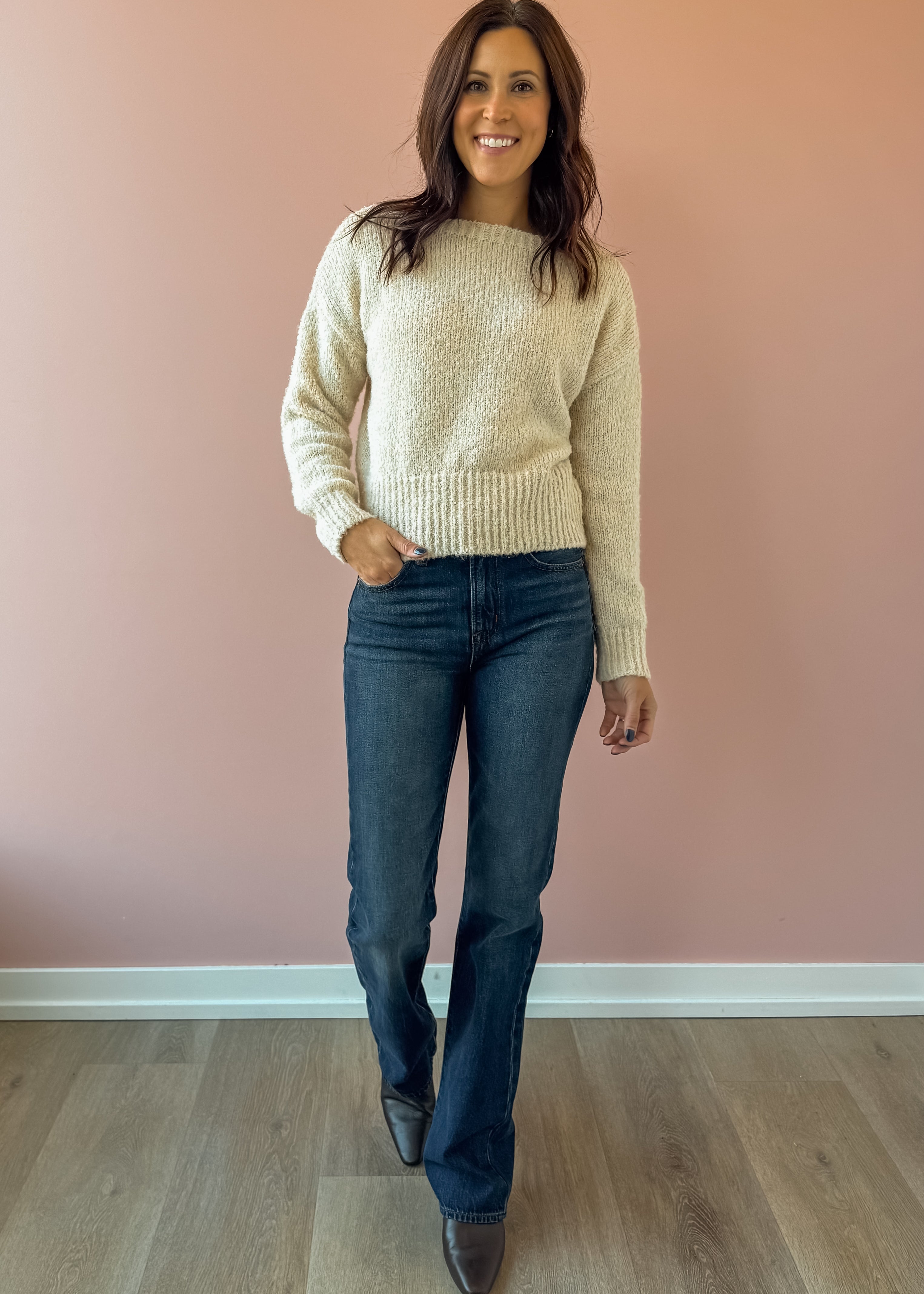 Sage The Label Indira Boat Neck Sweater in cream, front view.