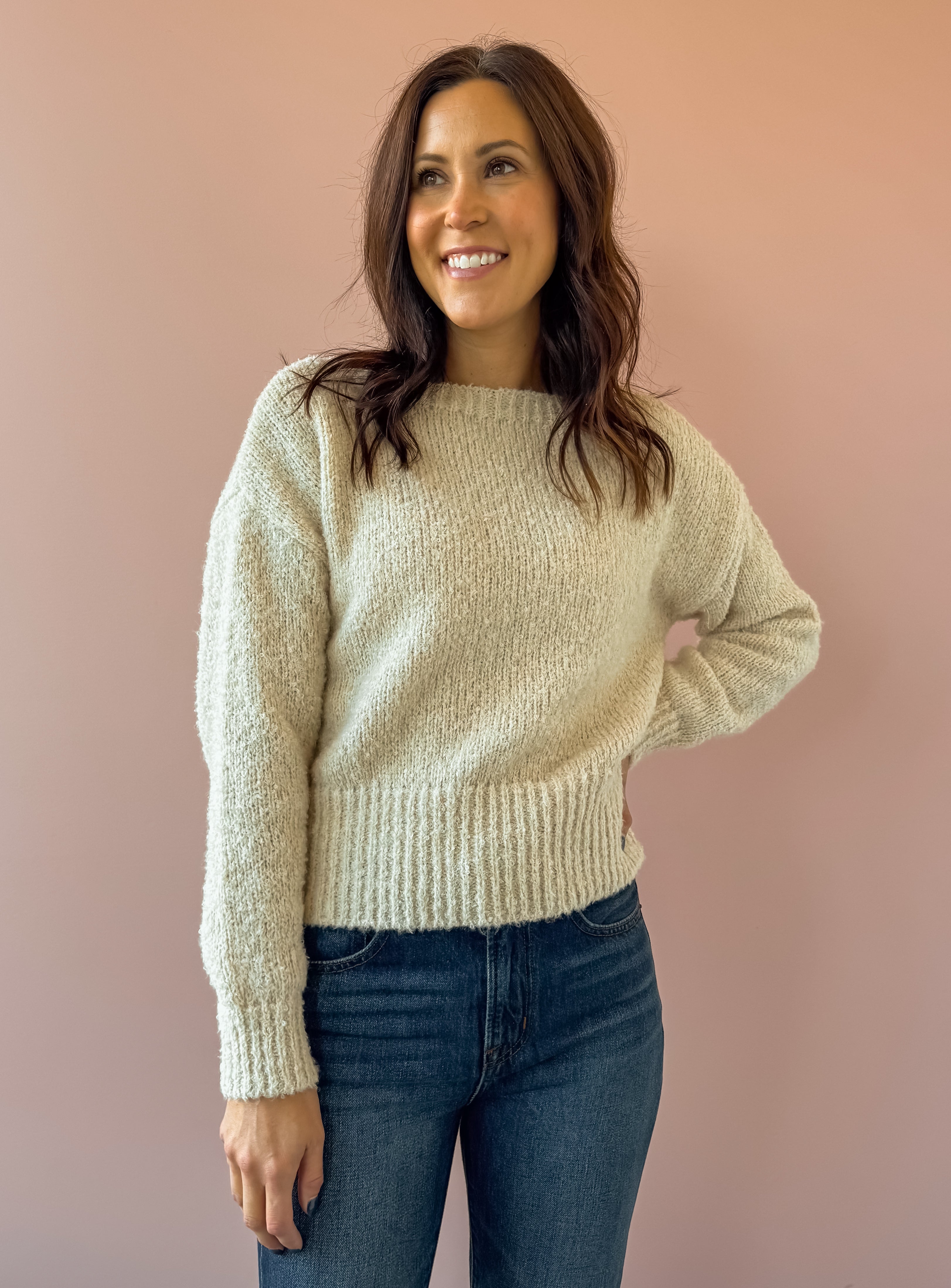 Sage The Label Indira Boat Neck Sweater in cream, front close-up.
