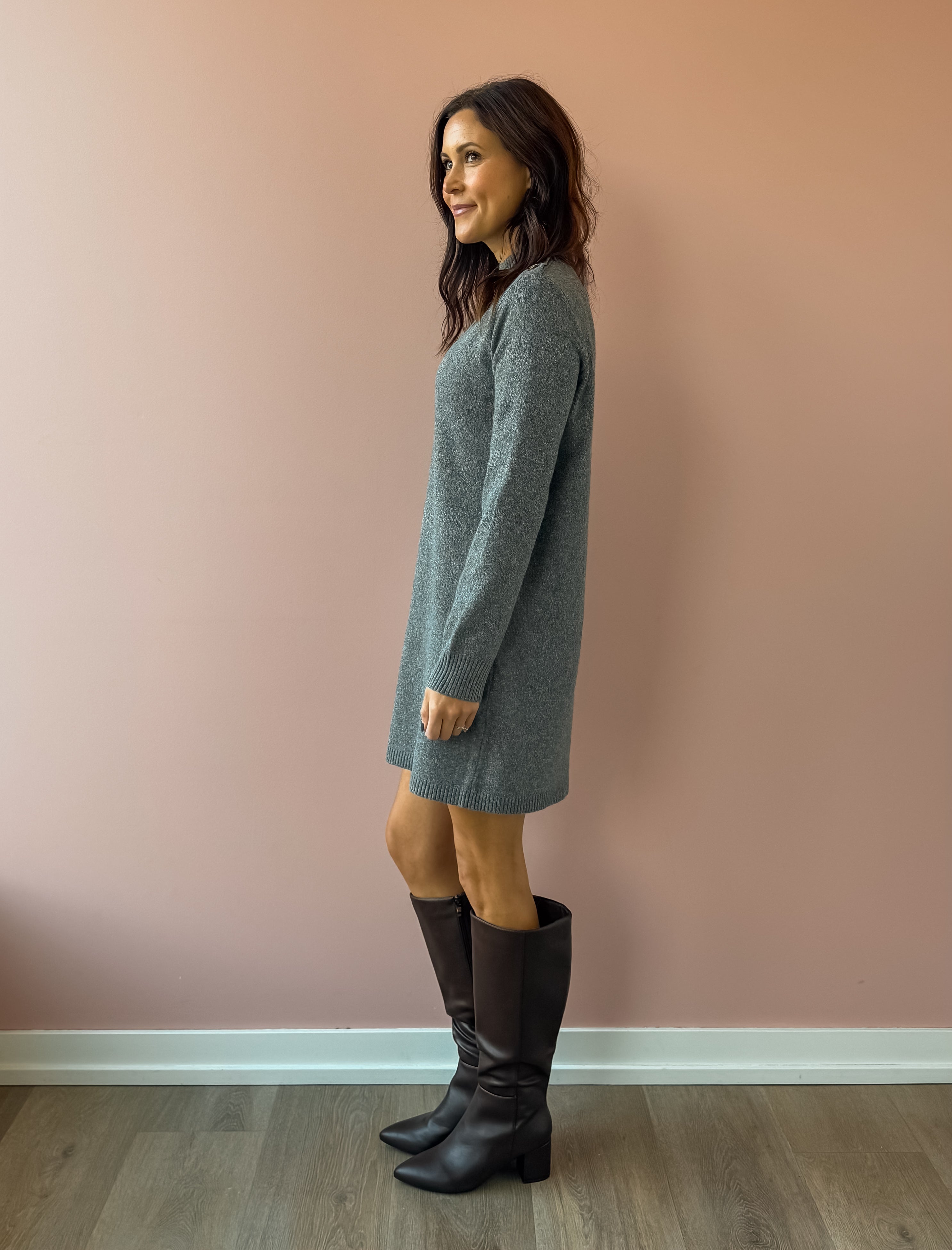 Be Cool Falon Sweater Mini Dress in grey, side view.