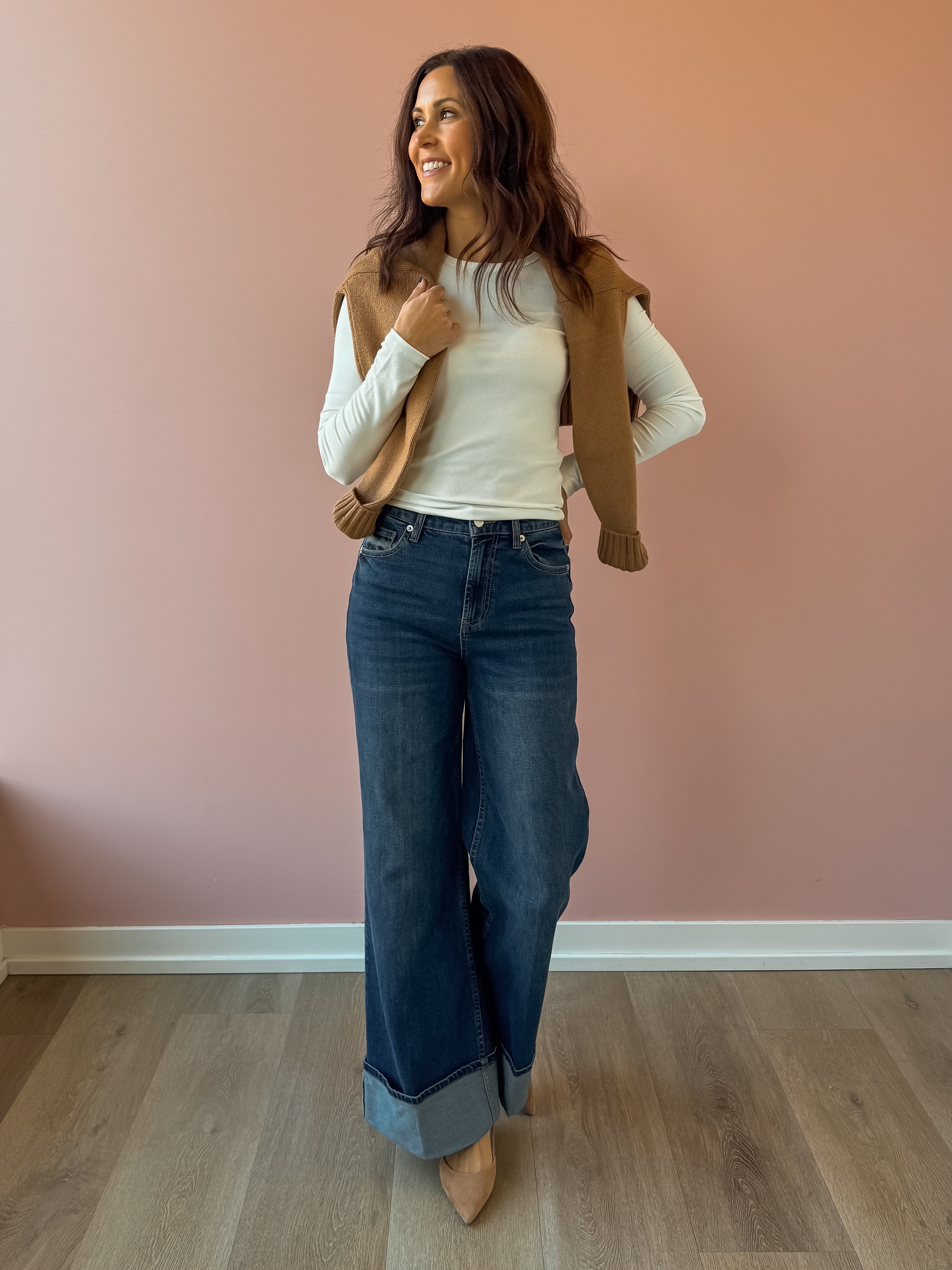 Dear John Fiona Cuff Wide Leg Jeans in blue, full-length front view.
