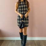 Sadie & Sage Served Up Stretch Plaid Mini Dress in black and tan plaid, full-length front view.