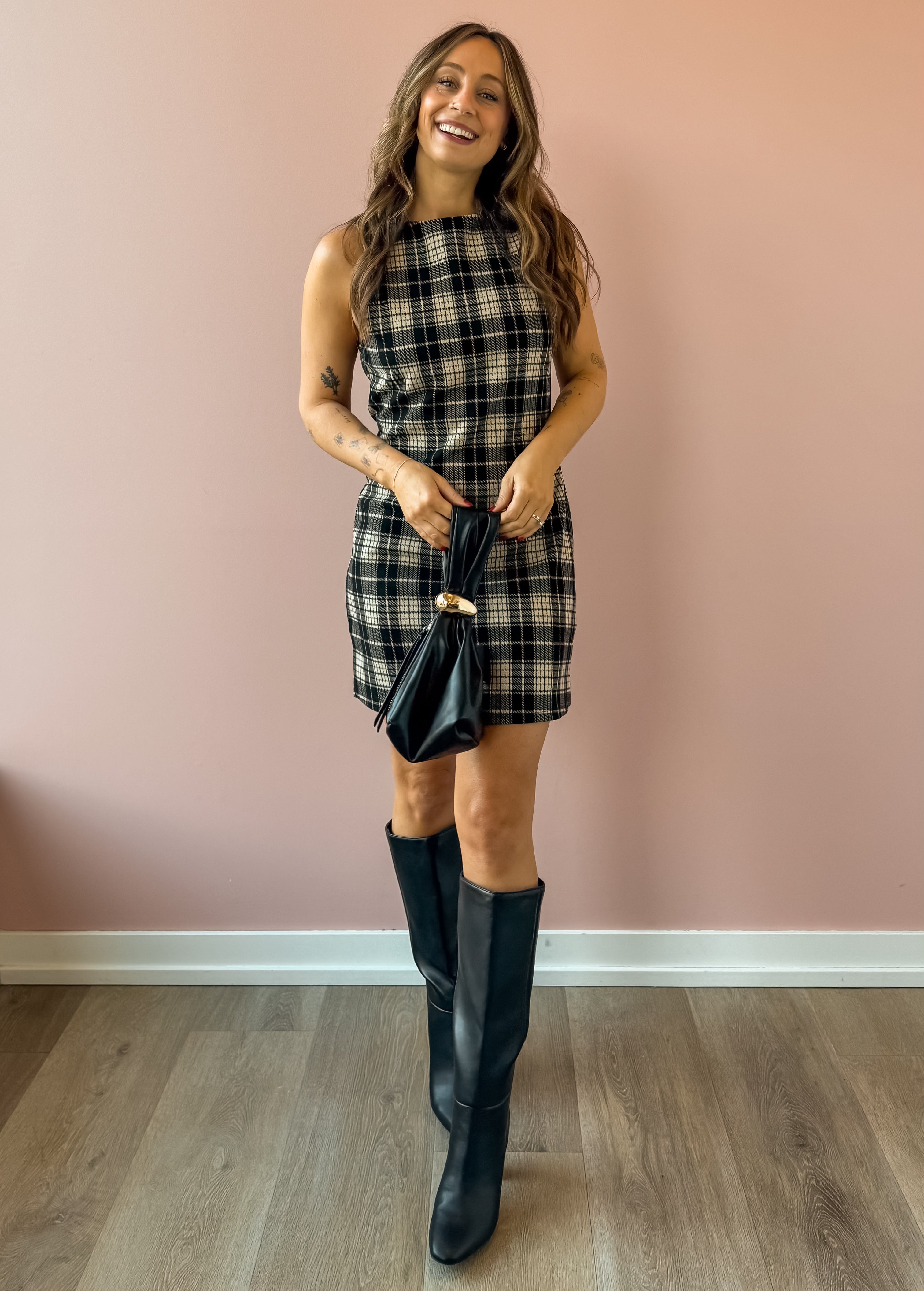 Sadie & Sage Served Up Stretch Plaid Mini Dress in black and tan plaid, full-length front view.