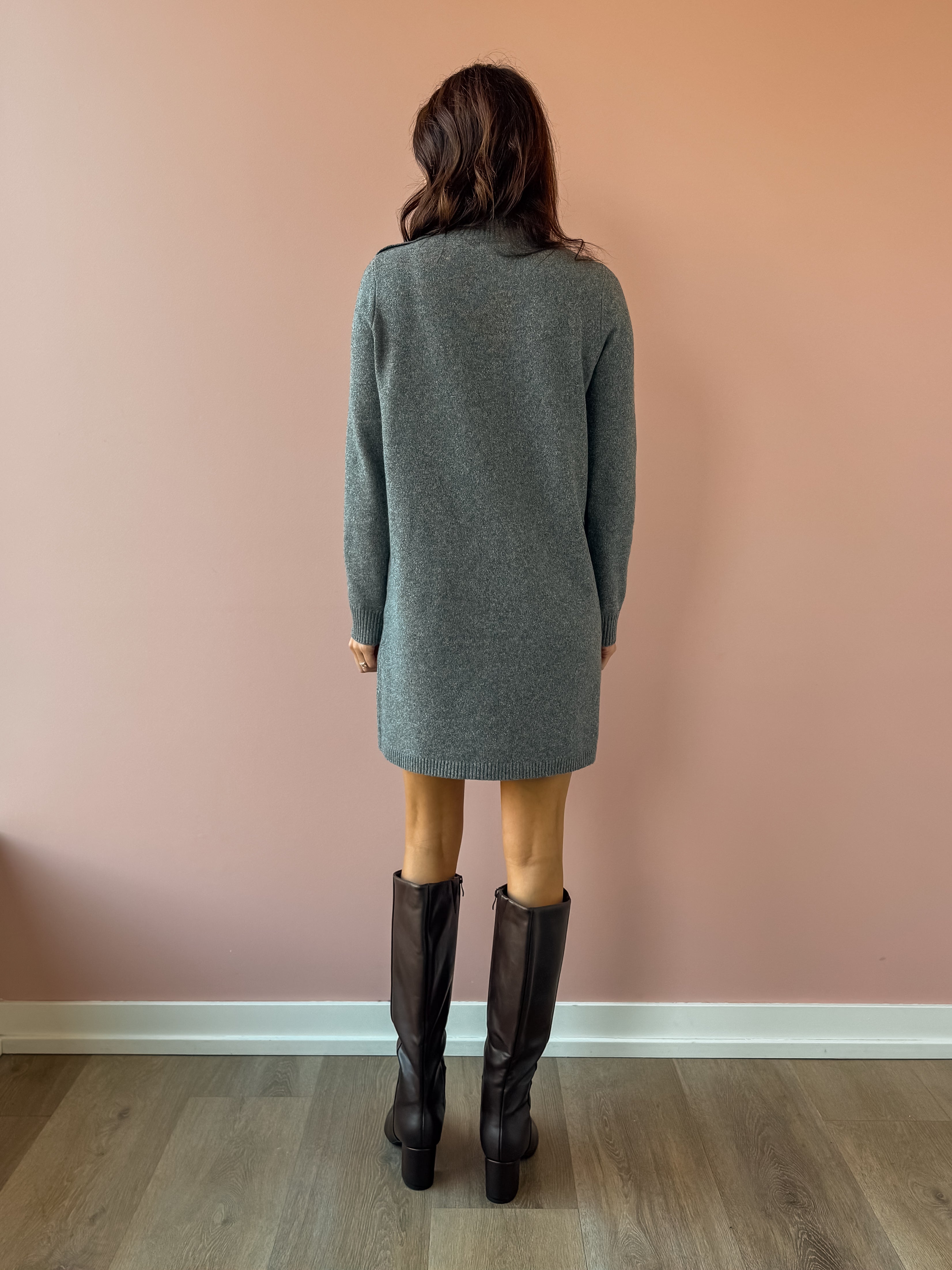 Be Cool Falon Sweater Mini Dress in grey, back view.