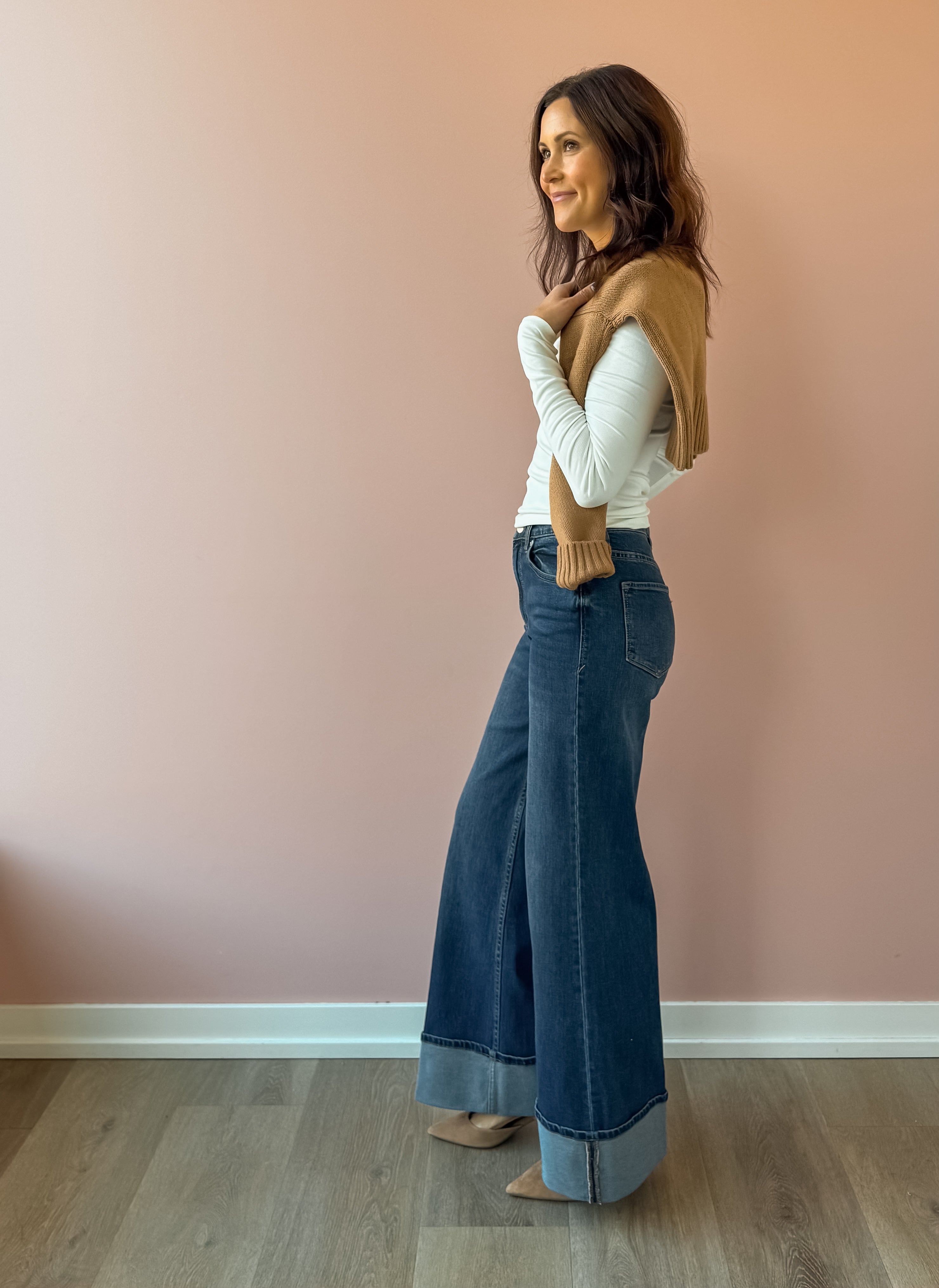 Dear John Fiona Cuff Wide Leg Jeans in blue, side view.