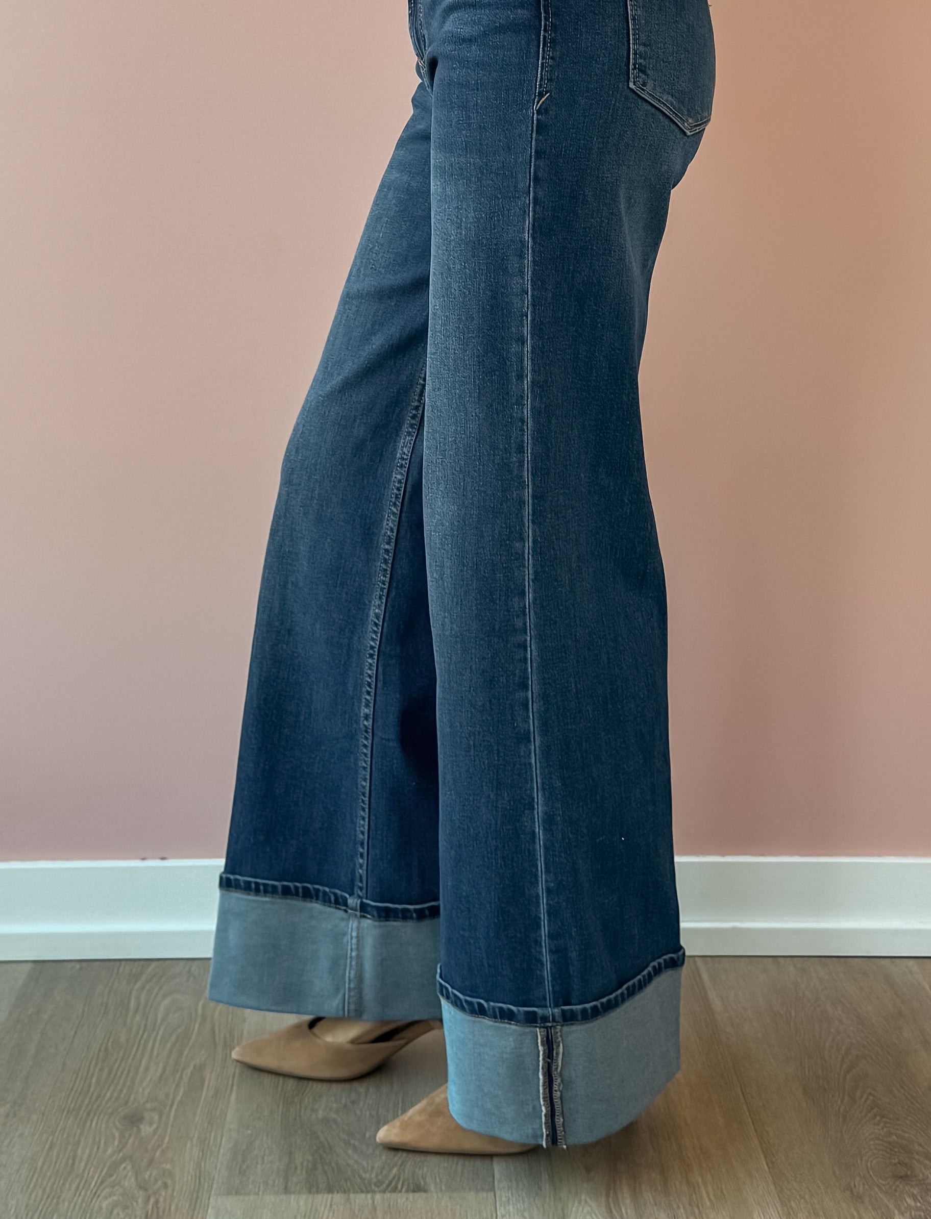 Dear John Fiona Cuff Wide Leg Jeans in blue, close-up of cuffed hem.