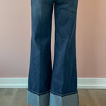 Dear John Fiona Cuff Wide Leg Jeans in blue, close-up of cuffed hem.
