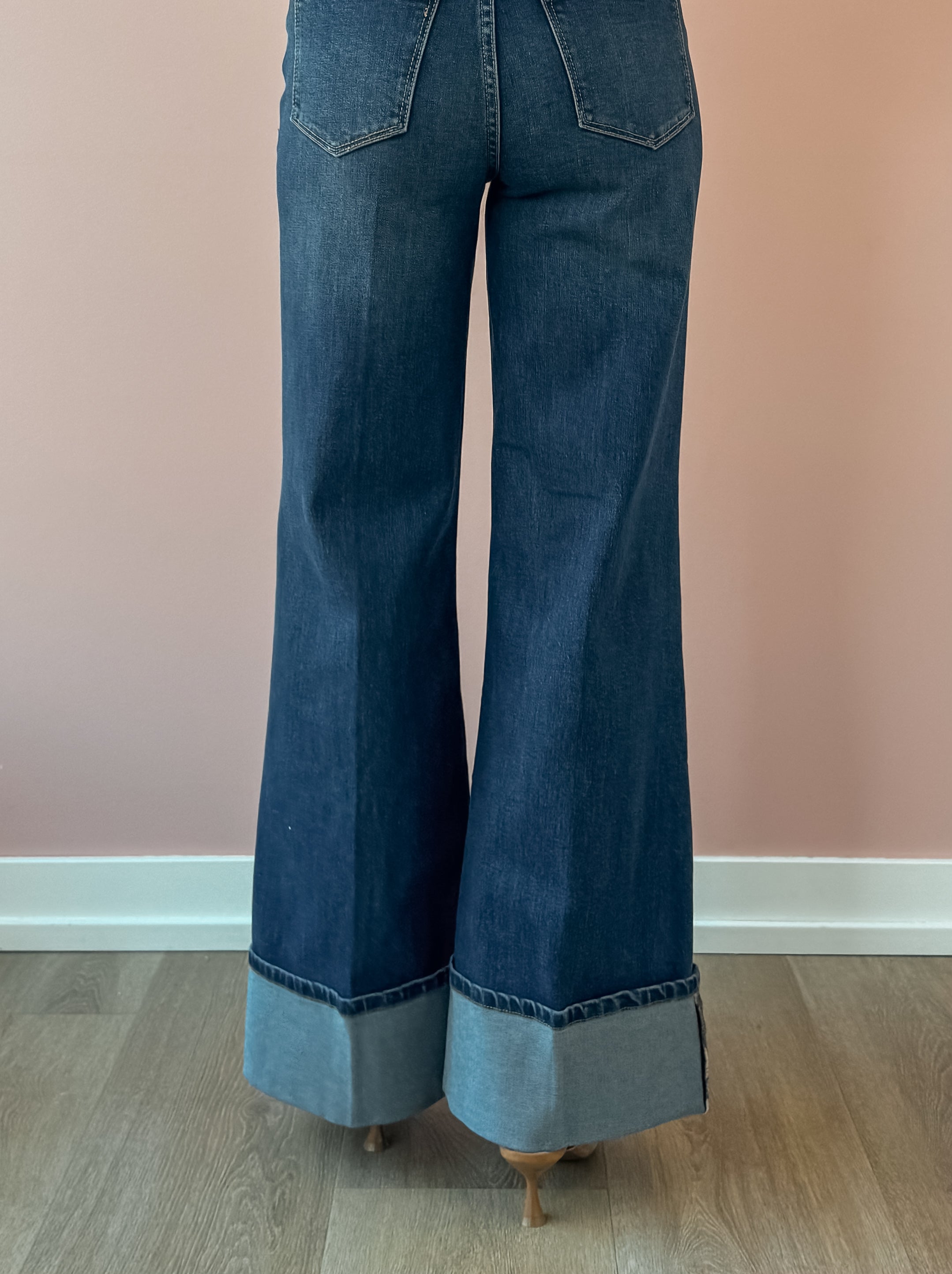 Dear John Fiona Cuff Wide Leg Jeans in blue, close-up of cuffed hem.