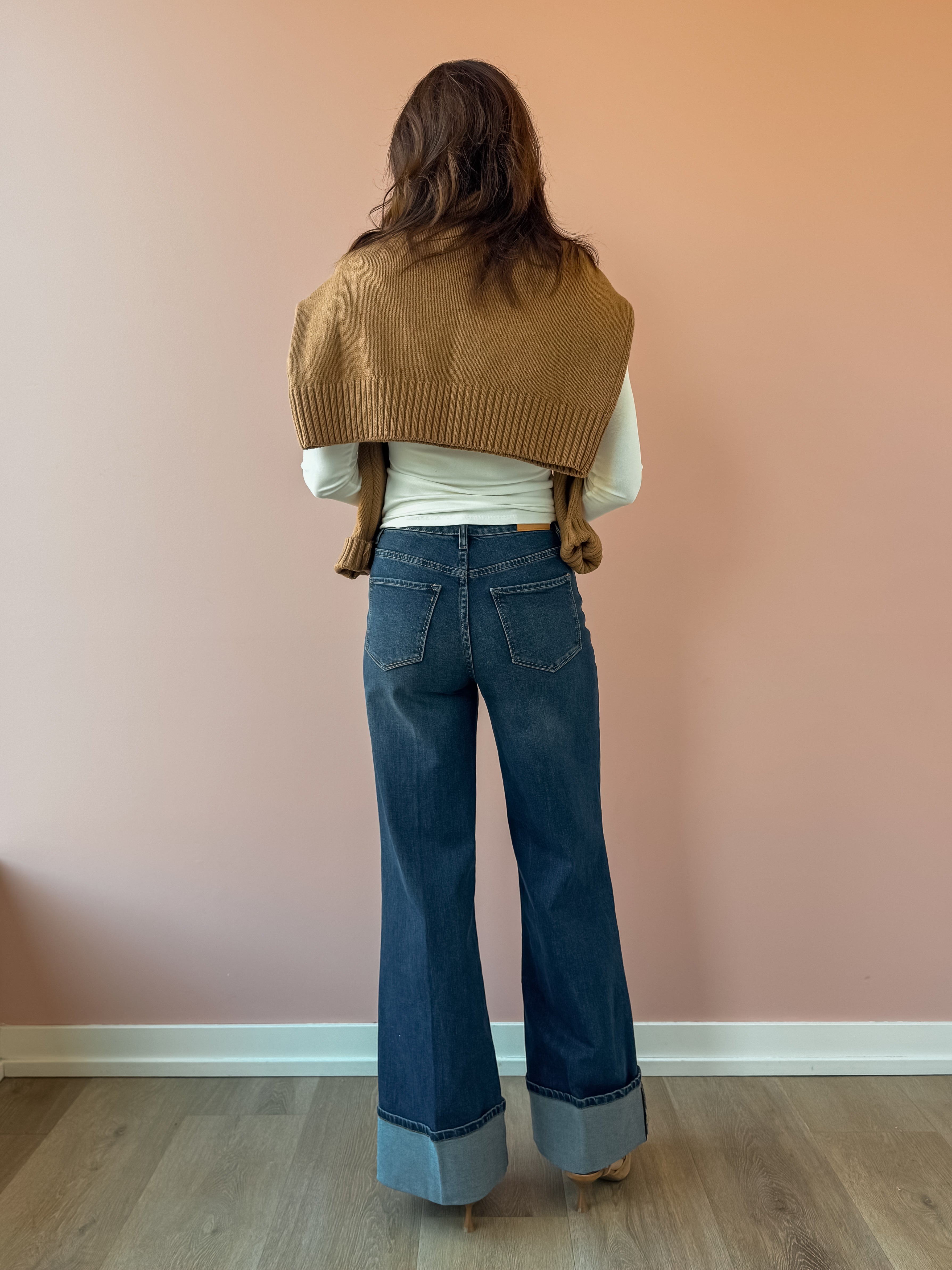 Dear John Fiona Cuff Wide Leg Jeans in blue, back view.