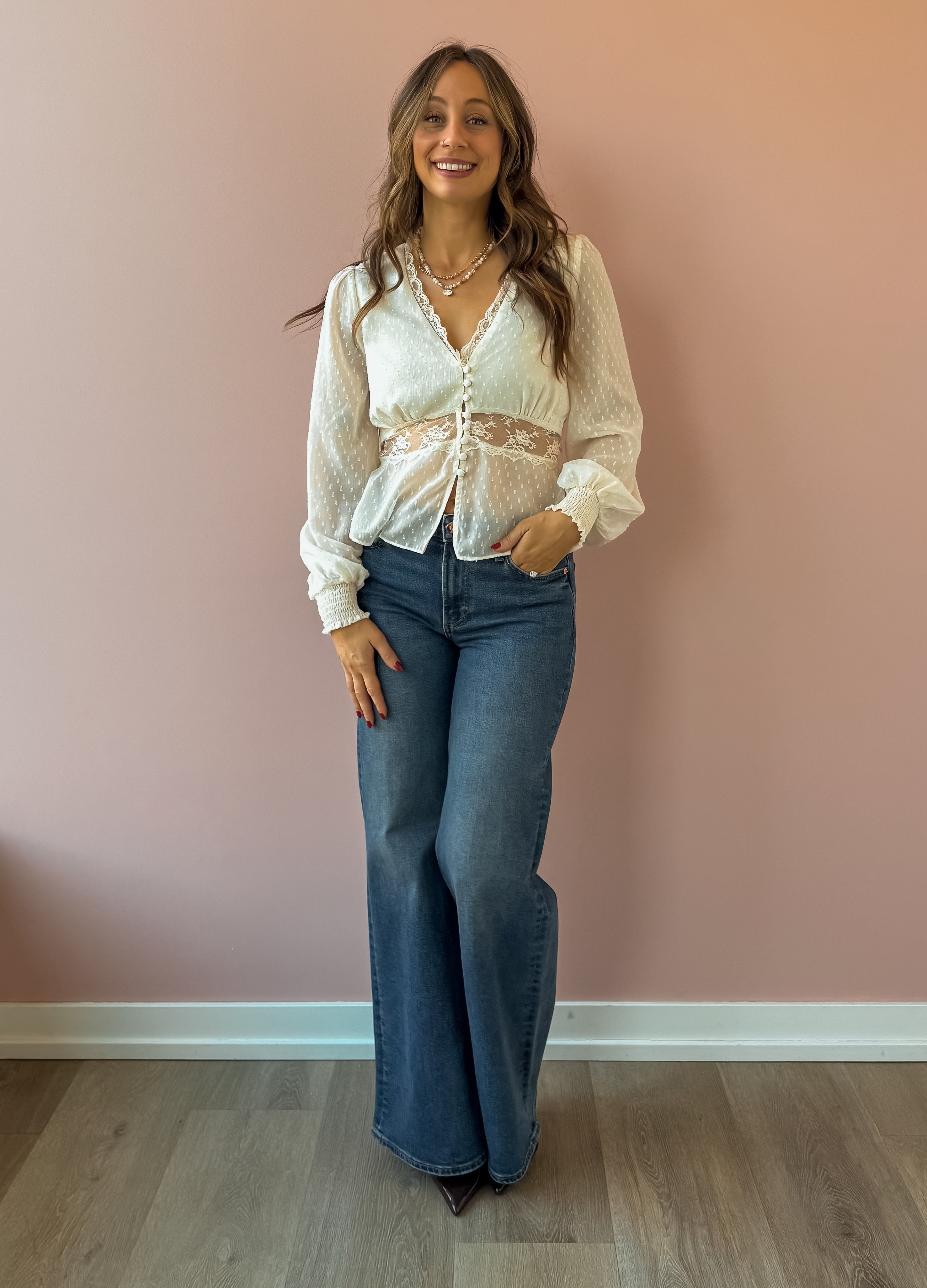 Sage The Label Monaco Peplum Top in cream, front view.