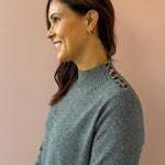 Be Cool Falon Sweater Mini Dress in grey, shoulder button detail.