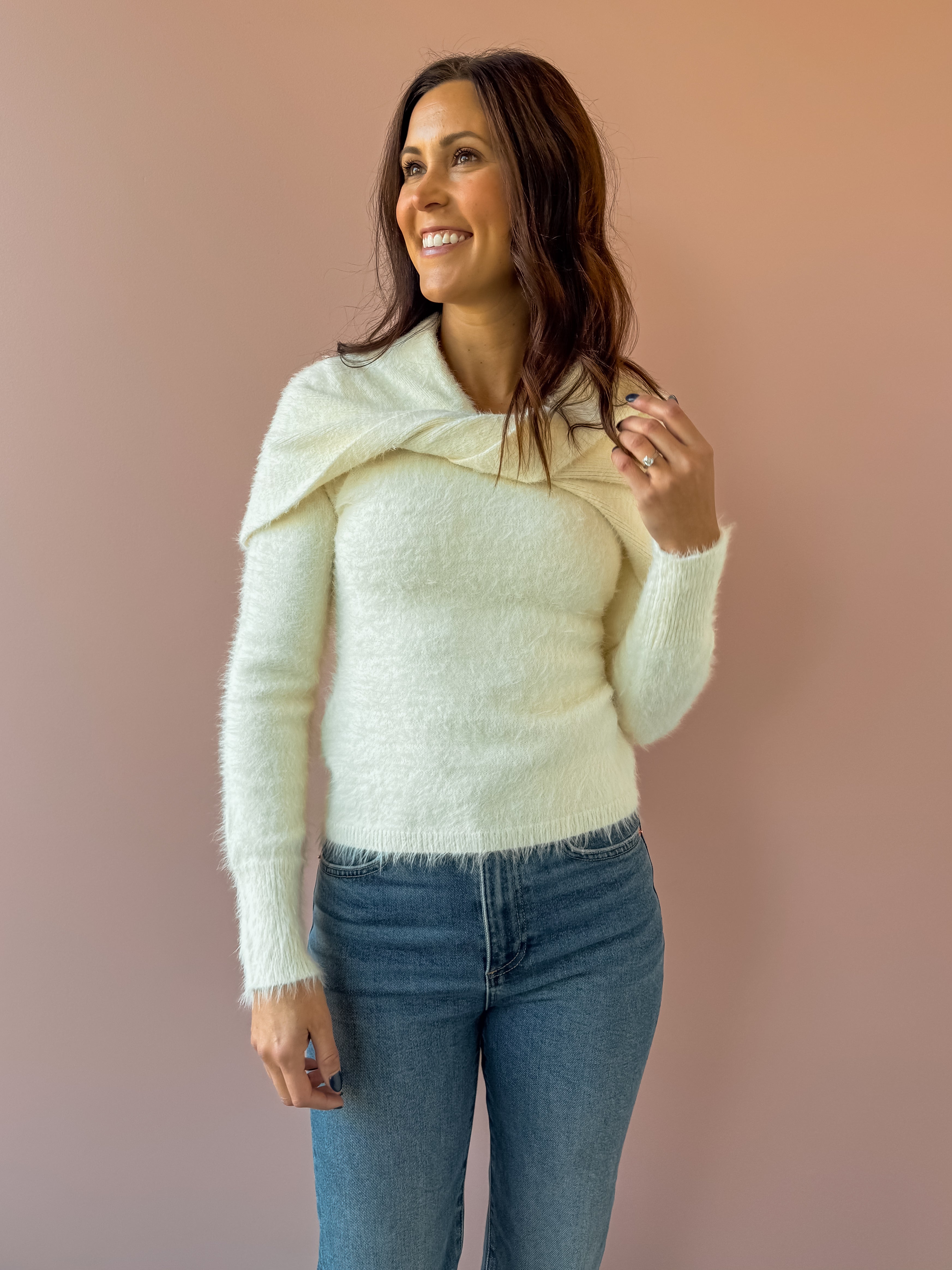 Sage The Label Free Bird Two Piece Sweater in ivory, front close-up.
