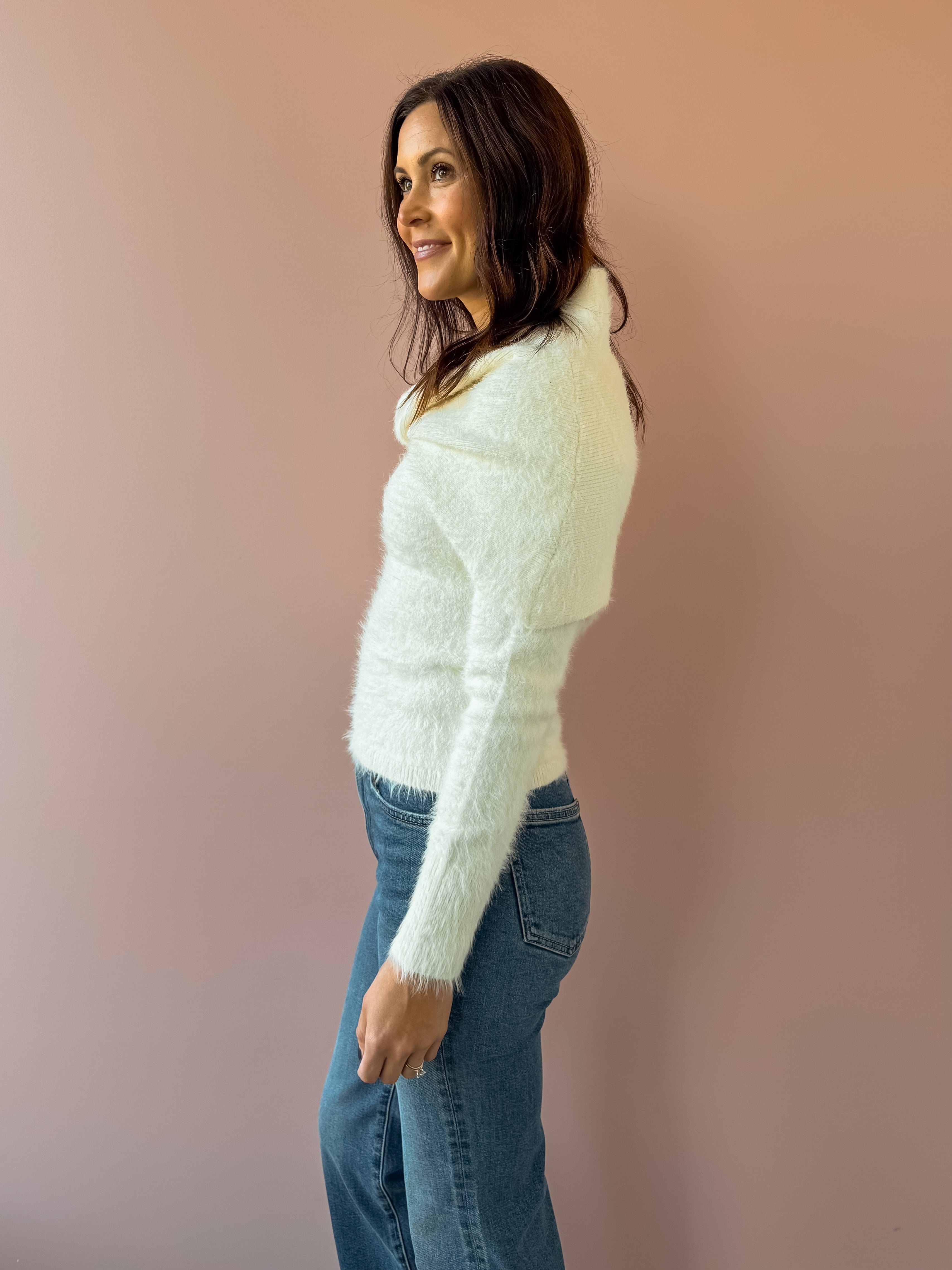 Sage The Label Free Bird Two Piece Sweater in ivory, side close-up.