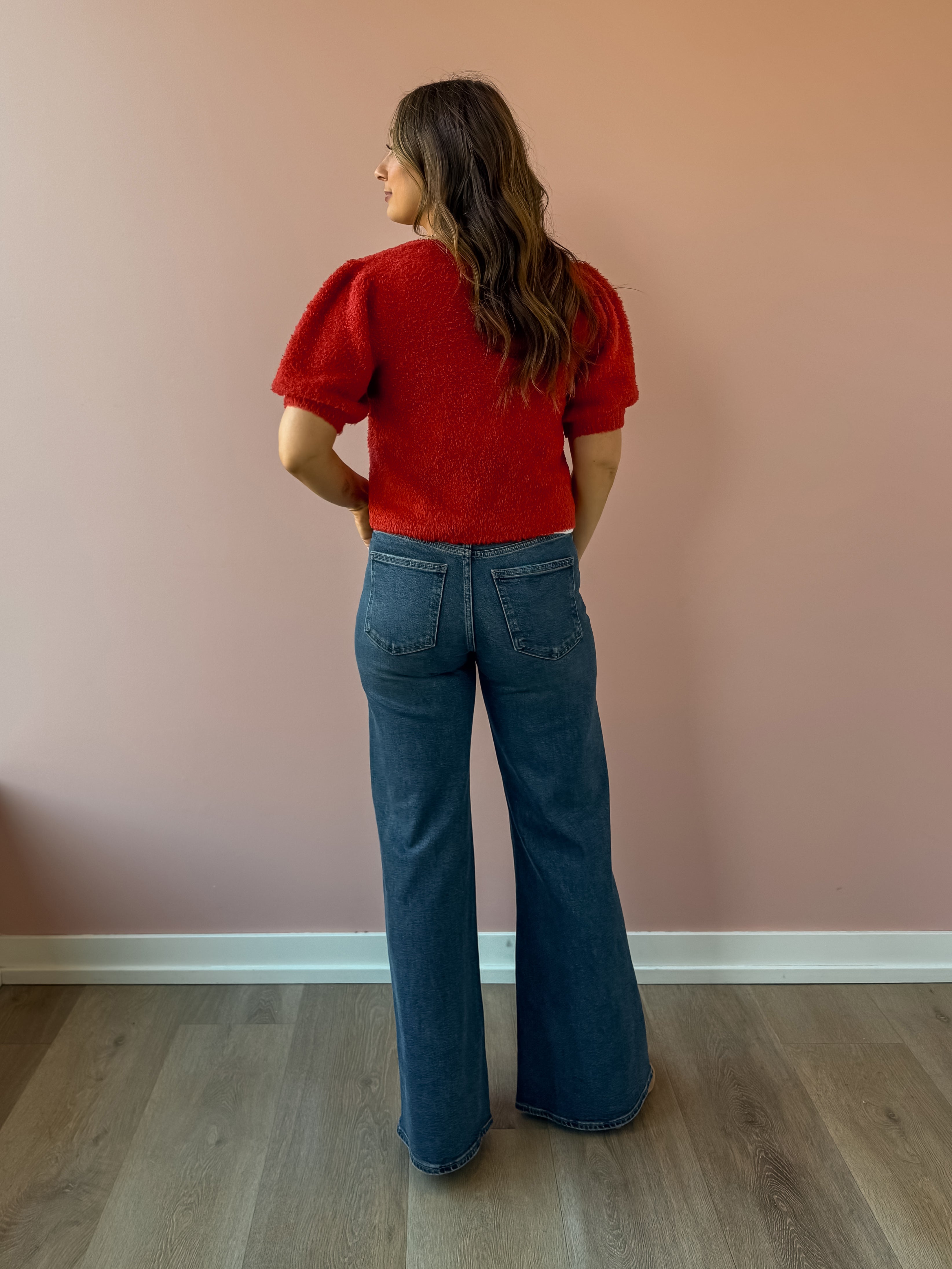 Saltwater Luxe Aeris Front Tie Sweater in red, back view.