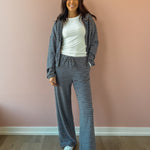 Bailey Rose Jessica Striped Fleece Wide Leg Pants in blue stripe, full-length front view.