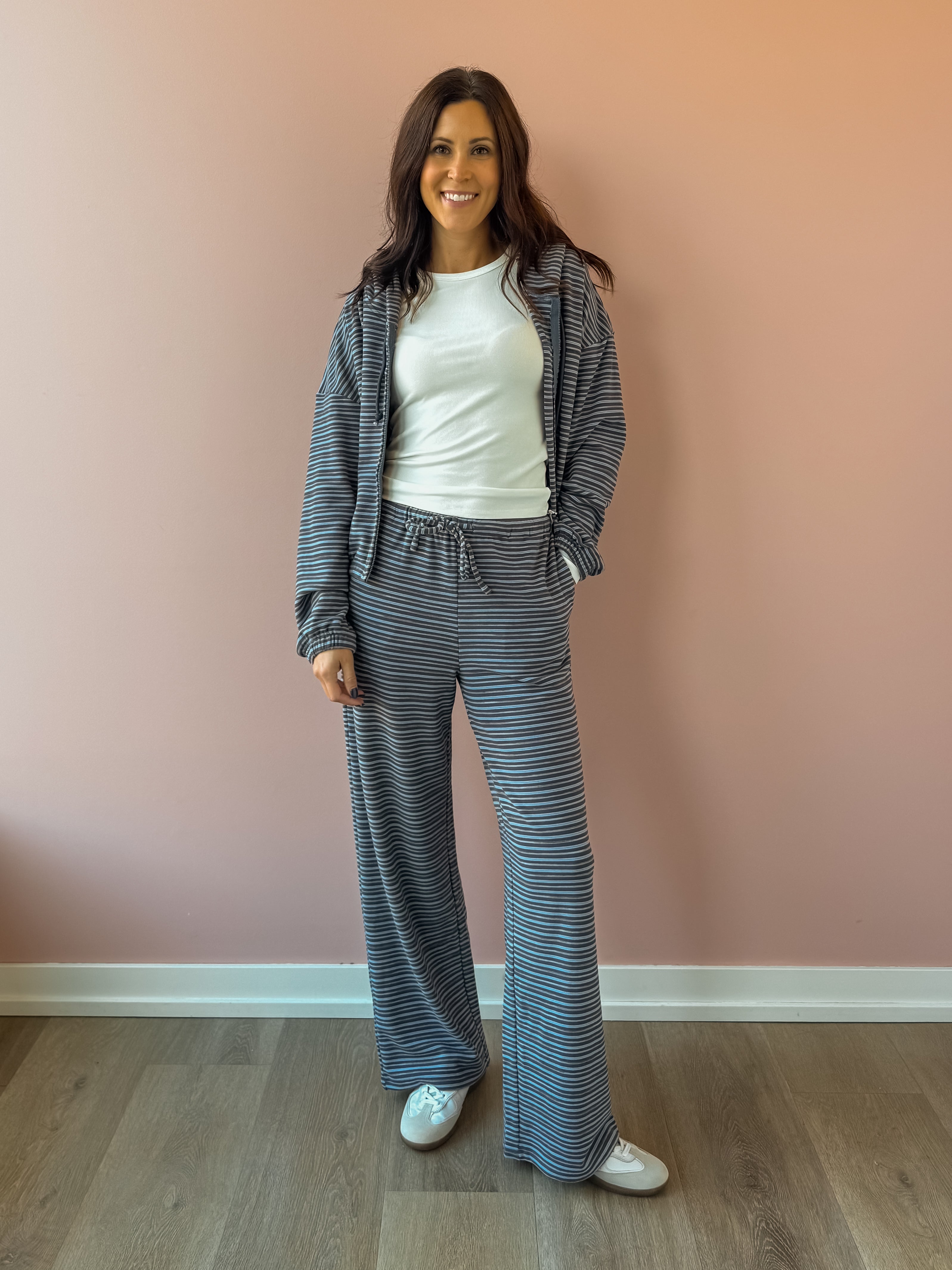 Bailey Rose Jessica Striped Fleece Wide Leg Pants in blue stripe, full-length front view.