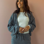 Bailey Rose Jessica Striped Fleece Zip Up Hoodie in blue stripe, front close-up.