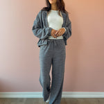 Bailey Rose Jessica Striped Fleece Wide Leg Pants in blue stripe, full-length front view.