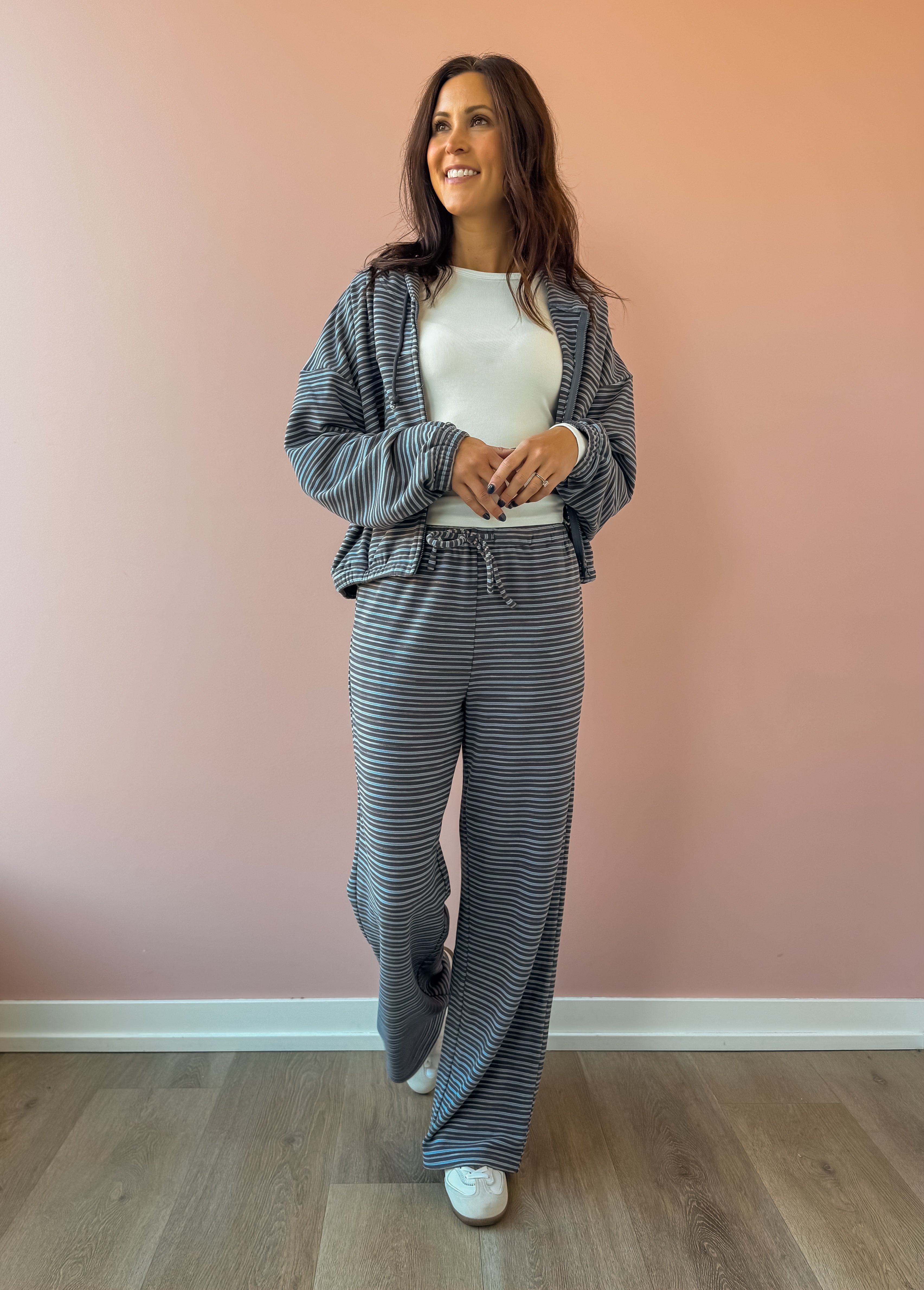 Bailey Rose Jessica Striped Fleece Wide Leg Pants in blue stripe, full-length front view.