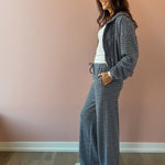 Bailey Rose Jessica Striped Fleece Wide Leg Pants in blue stripe, full-length side view.