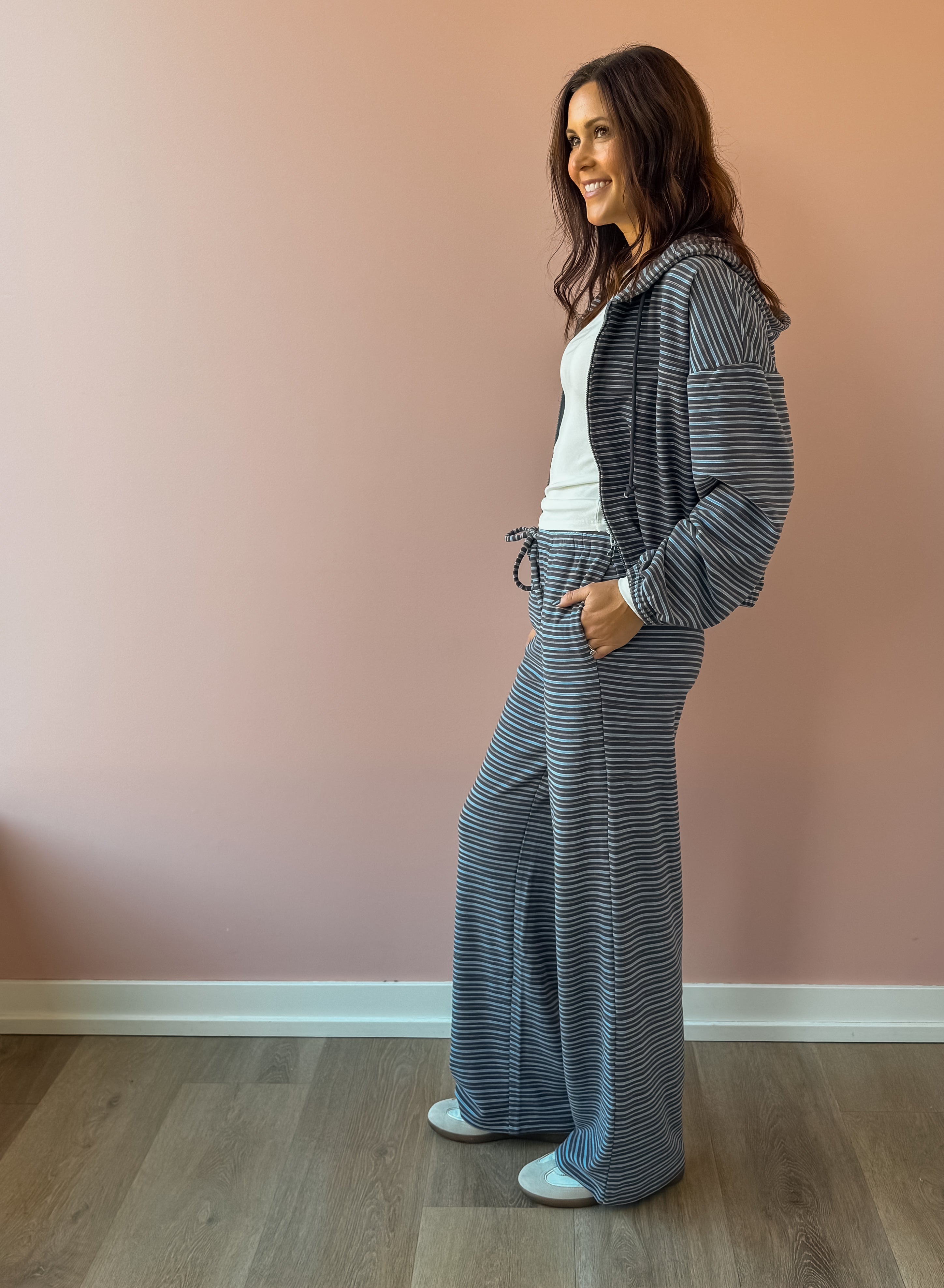 Bailey Rose Jessica Striped Fleece Wide Leg Pants in blue stripe, full-length side view.