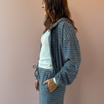 Bailey Rose Jessica Striped Fleece Zip Up Hoodie in blue stripe, side close-up.