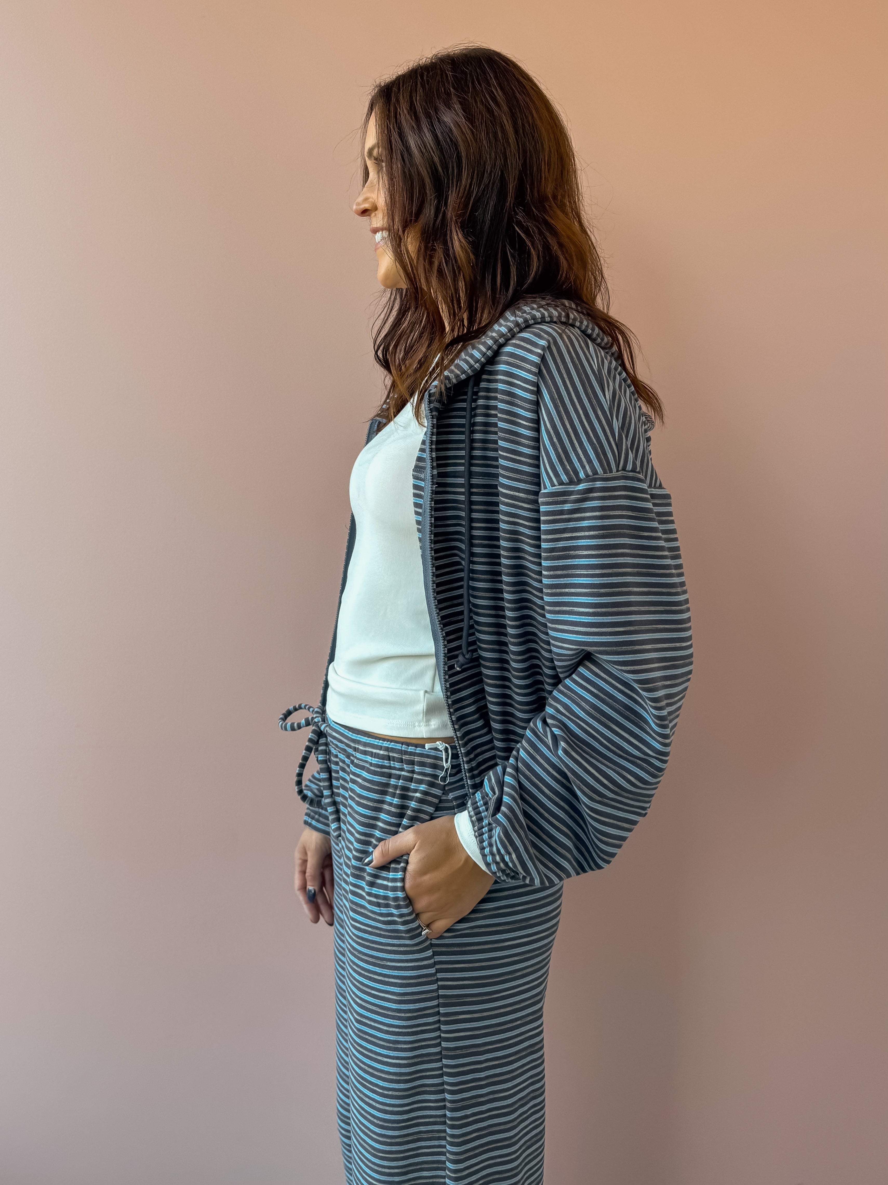 Bailey Rose Jessica Striped Fleece Zip Up Hoodie in blue stripe, side close-up.