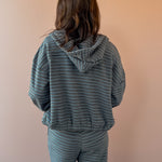 Bailey Rose Jessica Striped Fleece Zip Up Hoodie in blue stripe, back close-up.