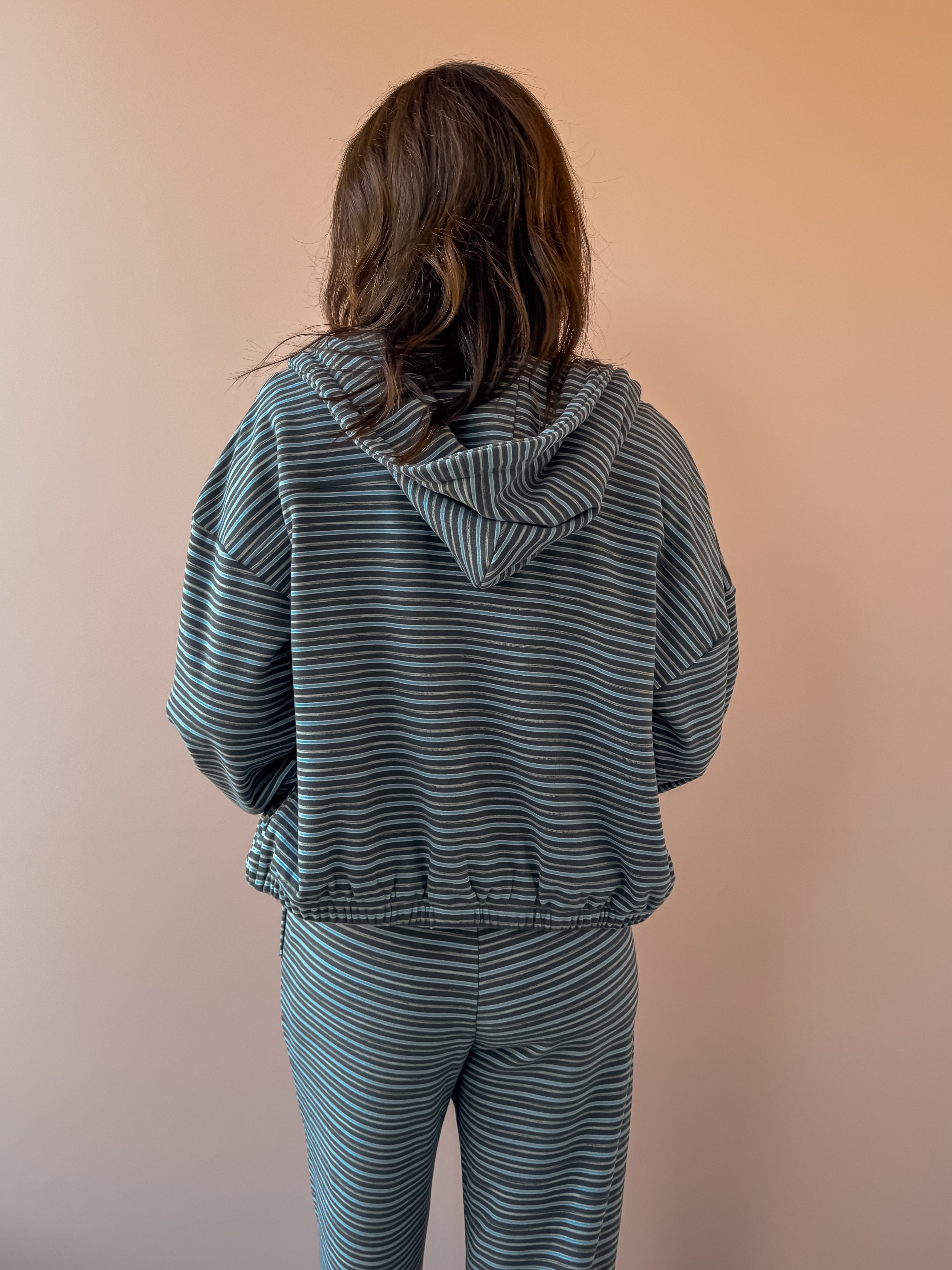 Bailey Rose Jessica Striped Fleece Zip Up Hoodie in blue stripe, back close-up.