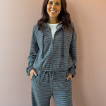 Bailey Rose Jessica Striped Fleece Zip Up Hoodie in blue stripe, front close-up, zipped.