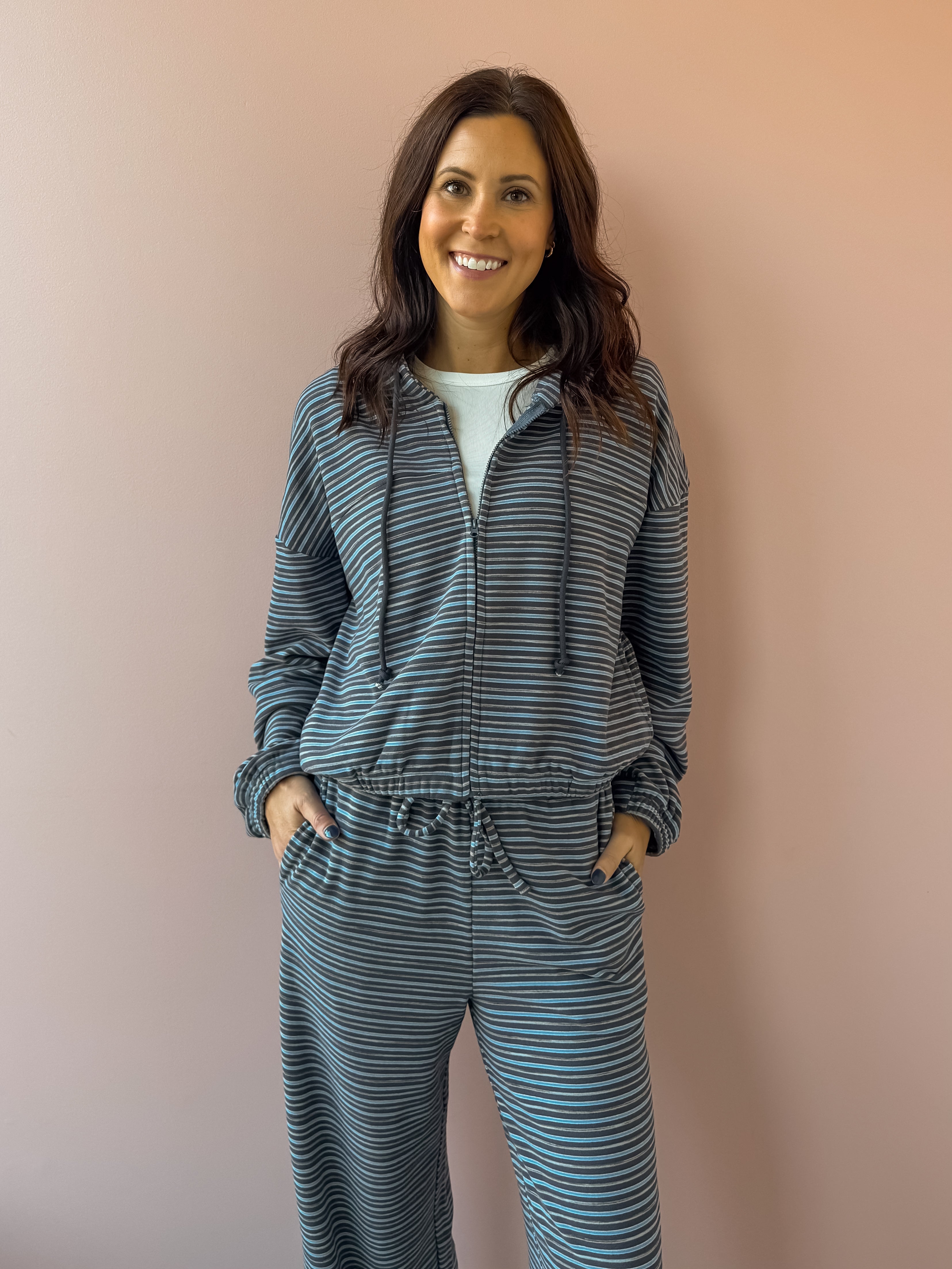 Bailey Rose Jessica Striped Fleece Zip Up Hoodie in blue stripe, front close-up, zipped.