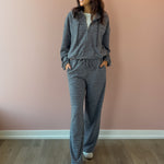 Bailey Rose Jessica Striped Fleece Wide Leg Pants in blue stripe, full-length front view.