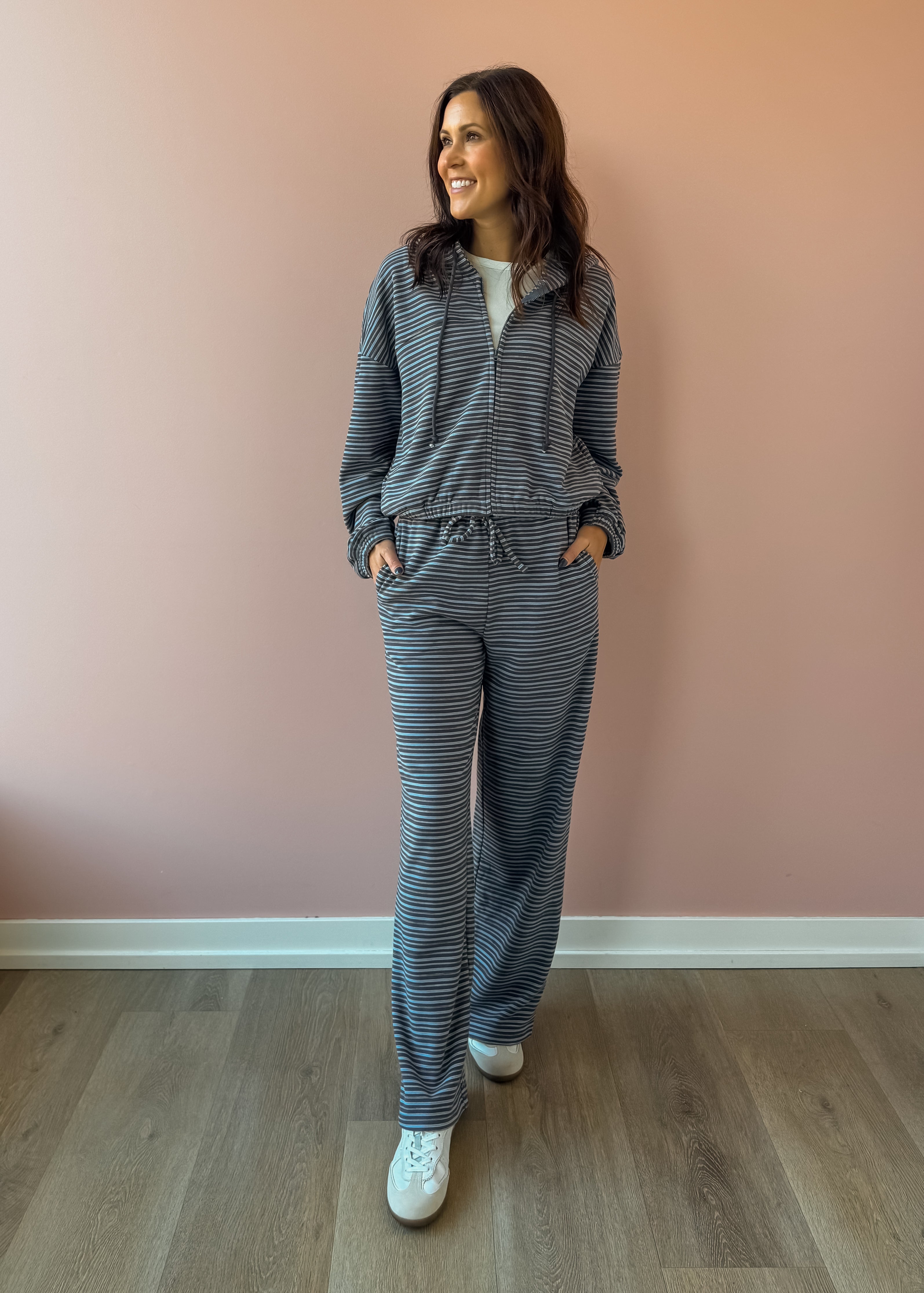 Bailey Rose Jessica Striped Fleece Wide Leg Pants in blue stripe, full-length front view.