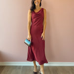 Sadie & Sage Inner Circle Cowl Neck Midi Dress in red, full-length front view.