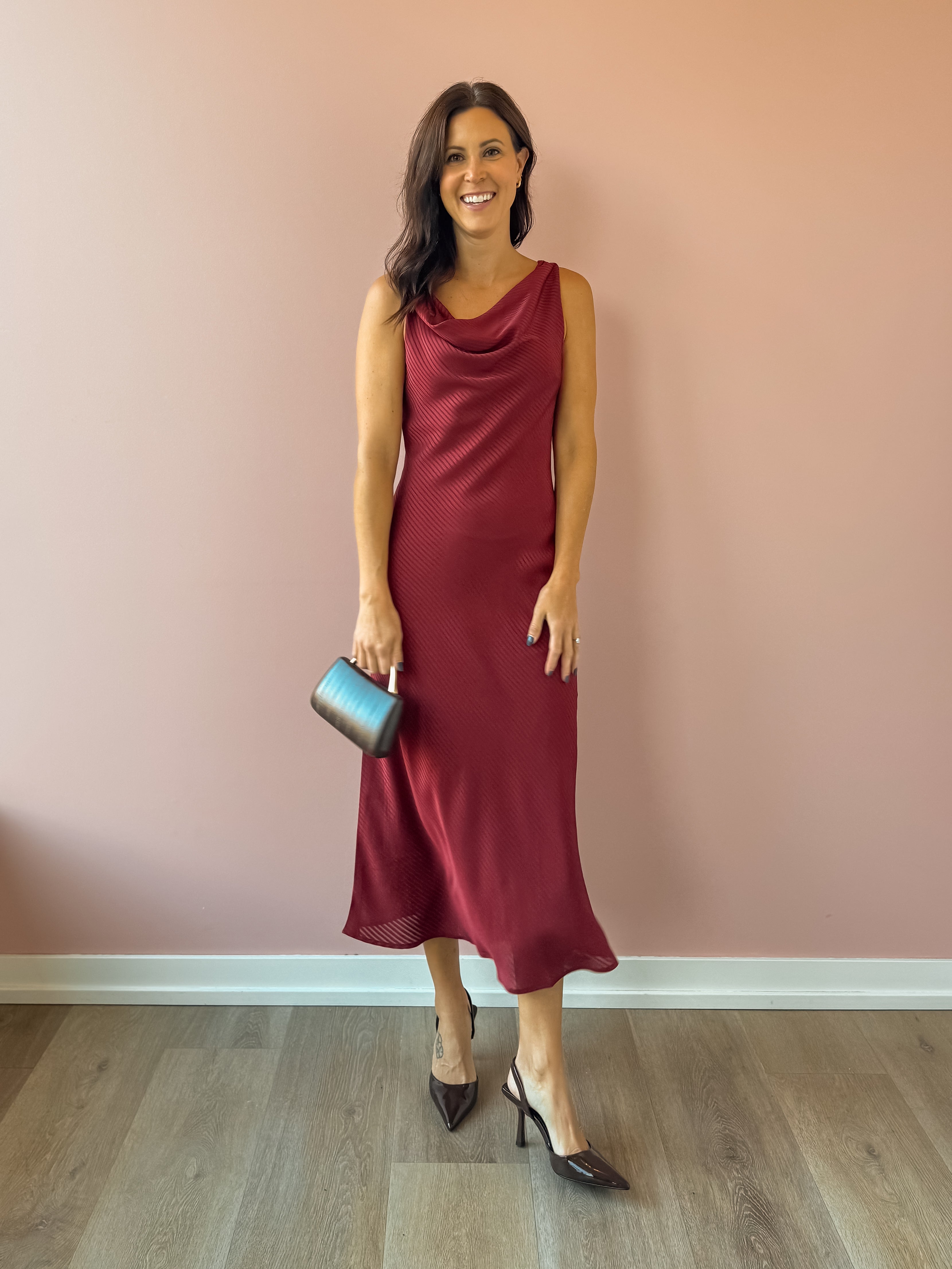 Sadie & Sage Inner Circle Cowl Neck Midi Dress in red, full-length front view.