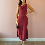 Sadie & Sage Inner Circle Cowl Neck Midi Dress in red, full-length front view.