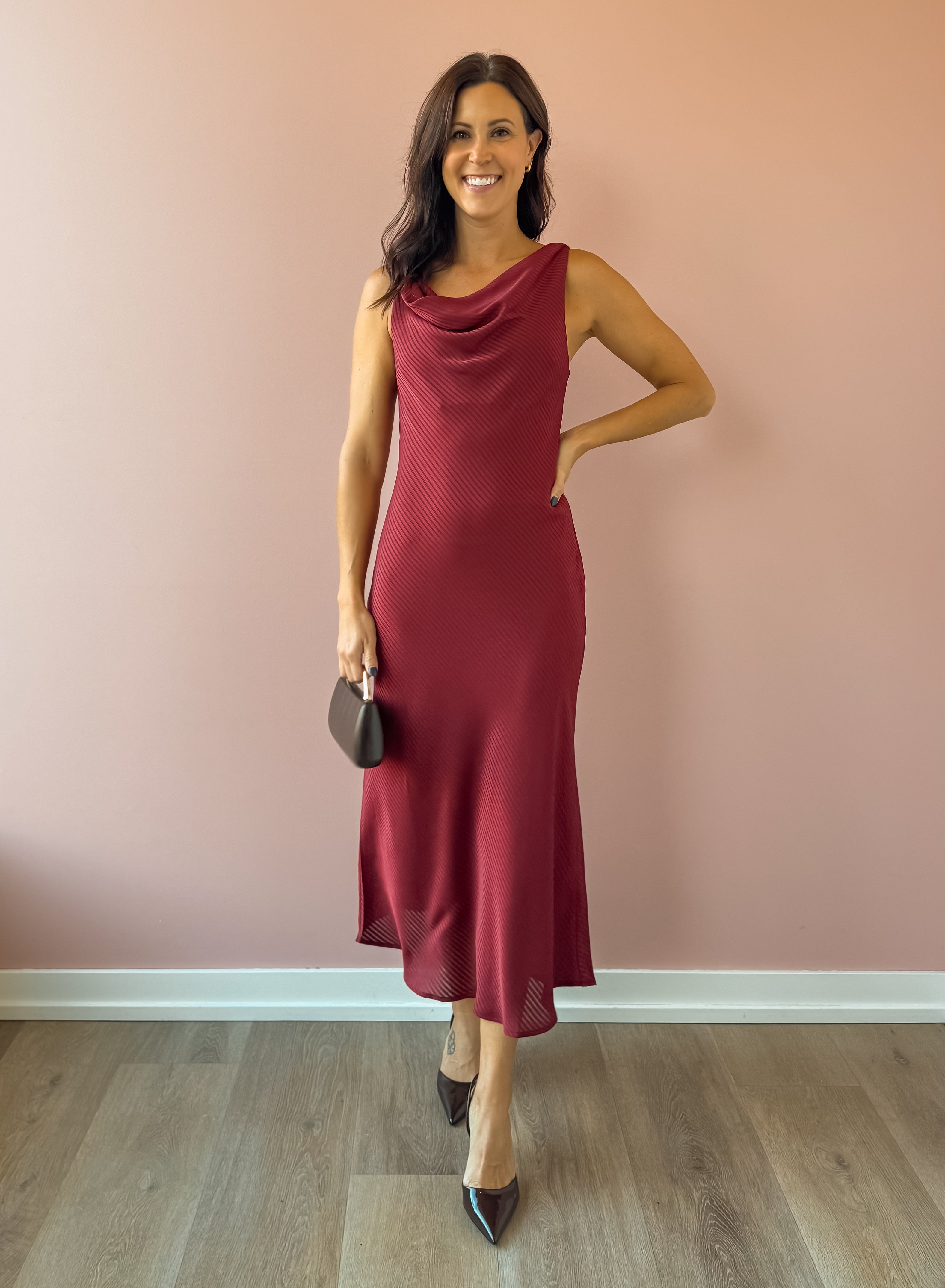 Sadie & Sage Inner Circle Cowl Neck Midi Dress in red, full-length front view.