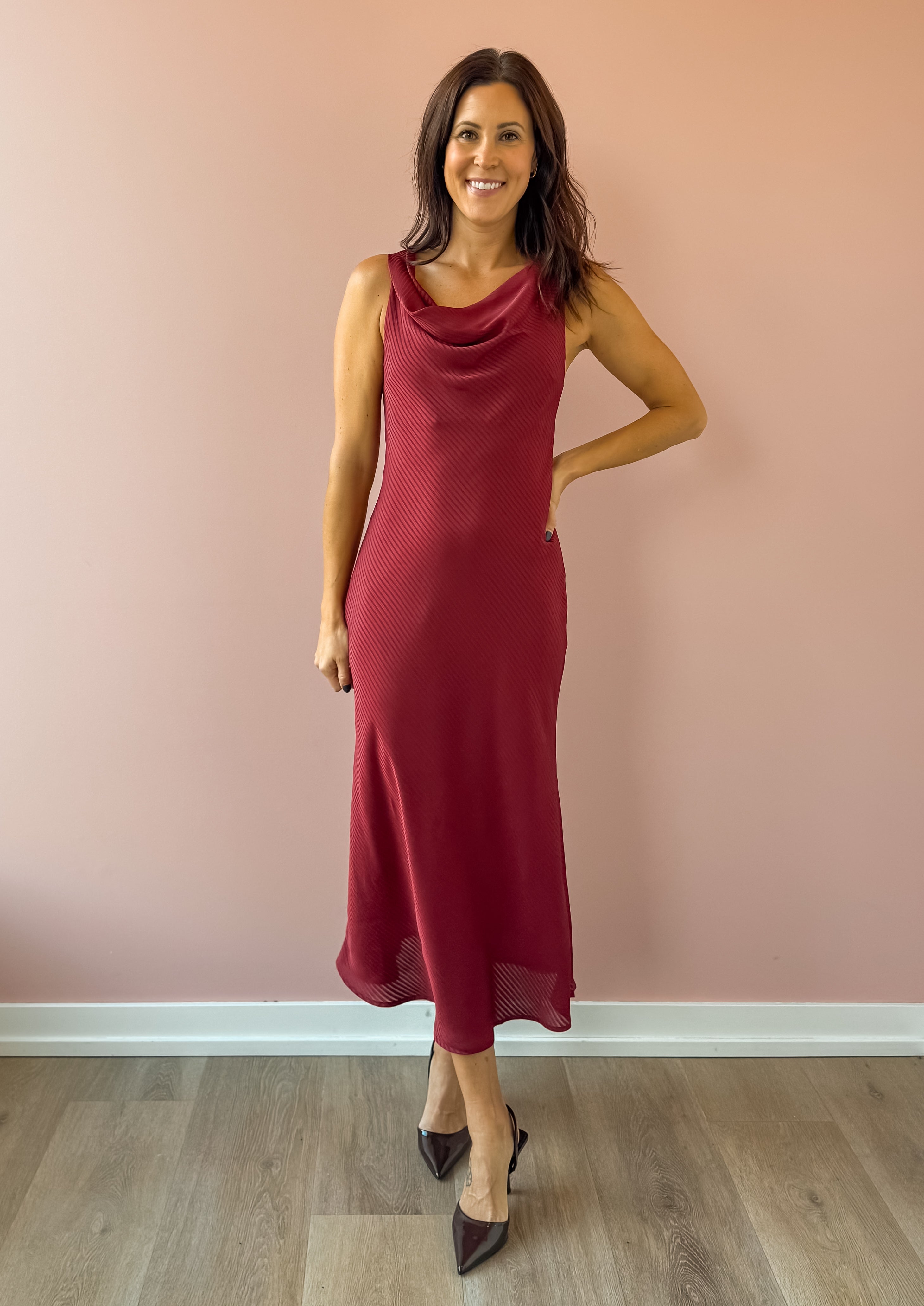 Sadie & Sage Inner Circle Cowl Neck Midi Dress in red, full-length front view.